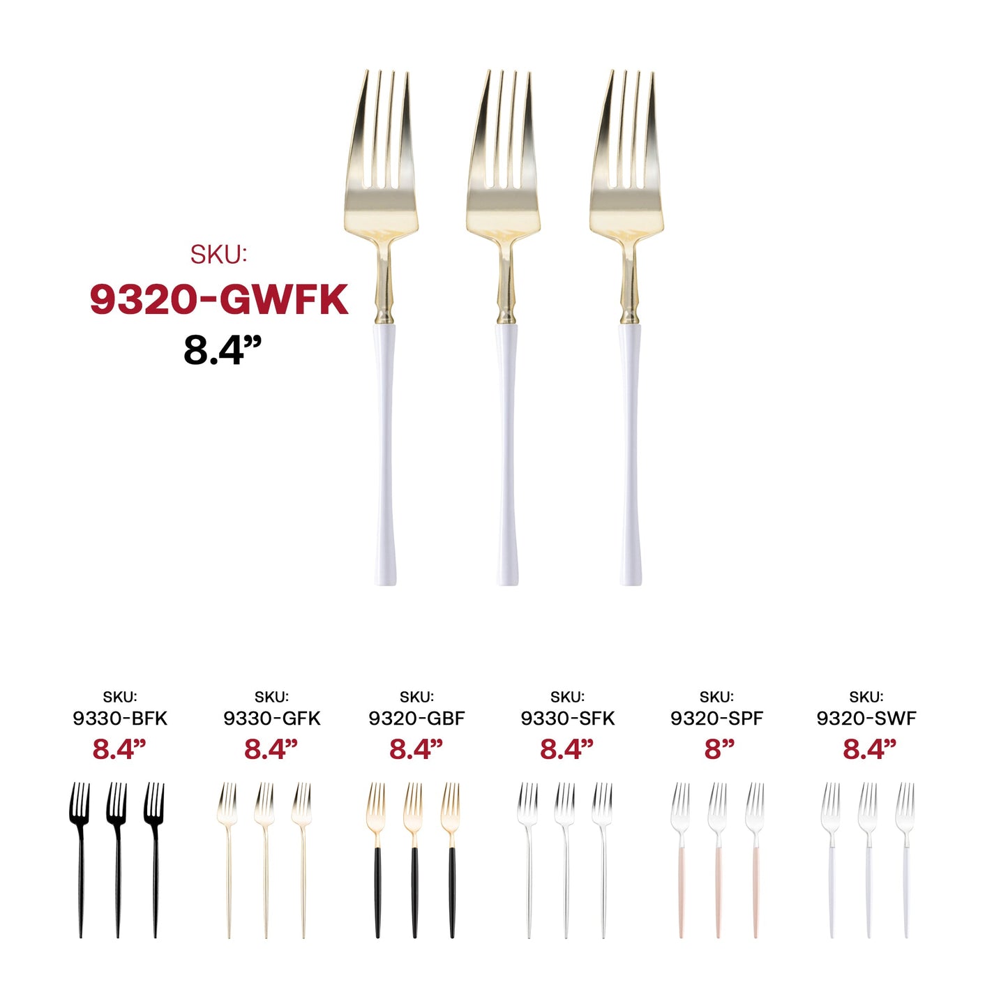 Disposable modern-style dinner forks with gold-colored prongs and chic white handles, sold in a convenient 240-piece case