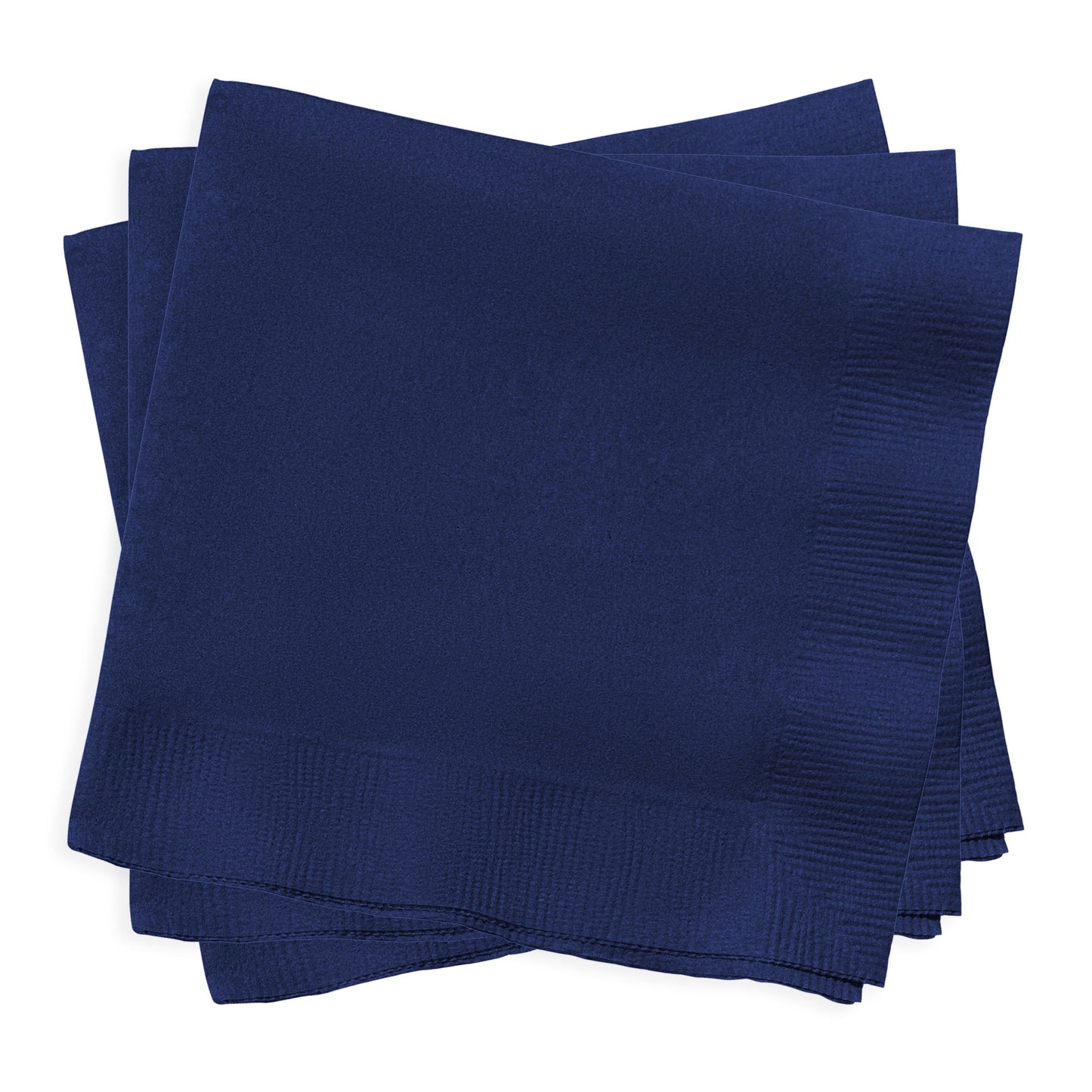 Disposable navy blue cocktail napkin made of absorbent paper, 10 x 10 inches, comes in a 600-count bulk case.