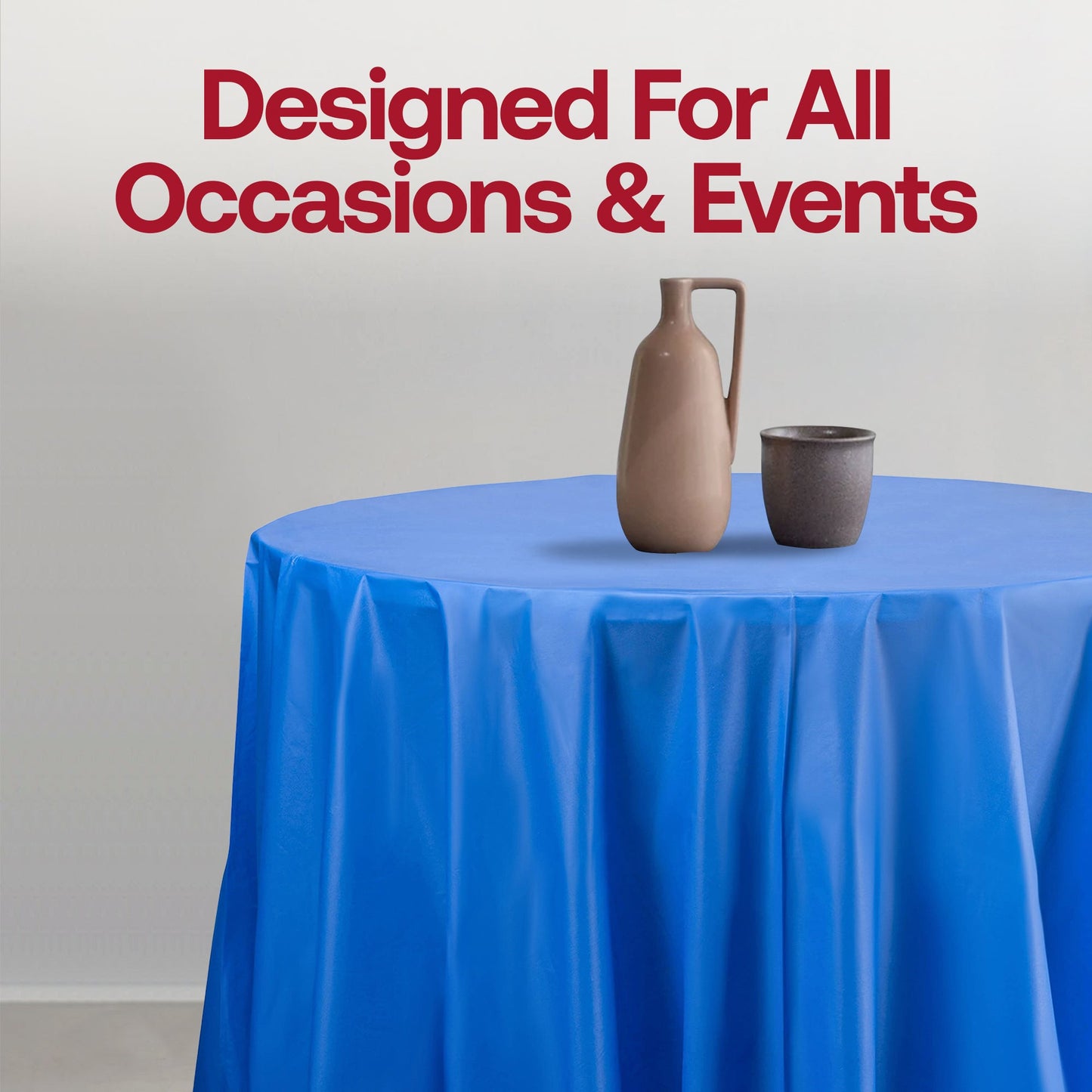 Disposable navy round plastic tablecloths, 84-inch size, great for quick setup and cleanup at large gatherings, 96-pack.