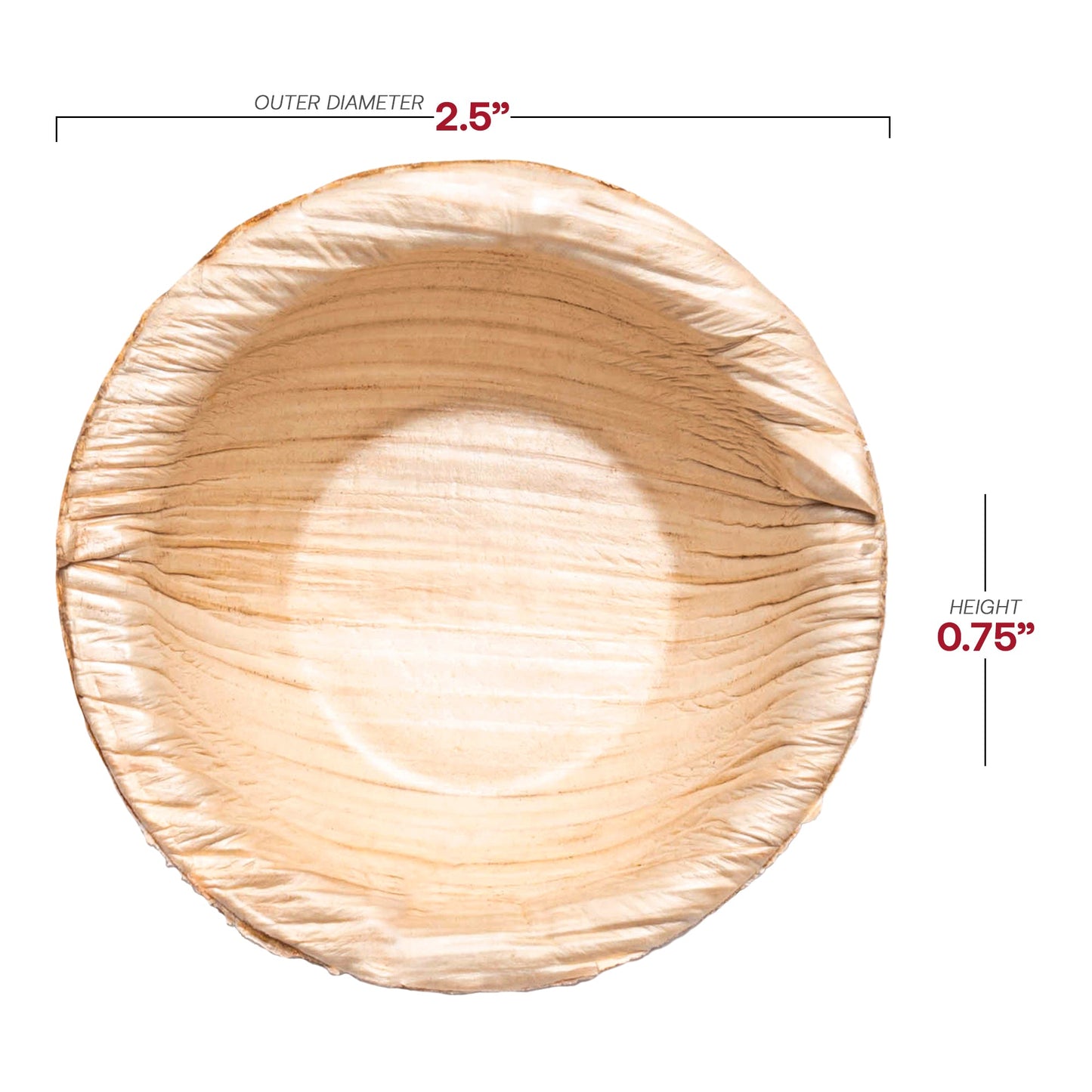 Disposable palm leaf dip bowls, 2.5" in diameter, 0.5 oz capacity, perfect for serving sauces or dips, 100 bowls per case.