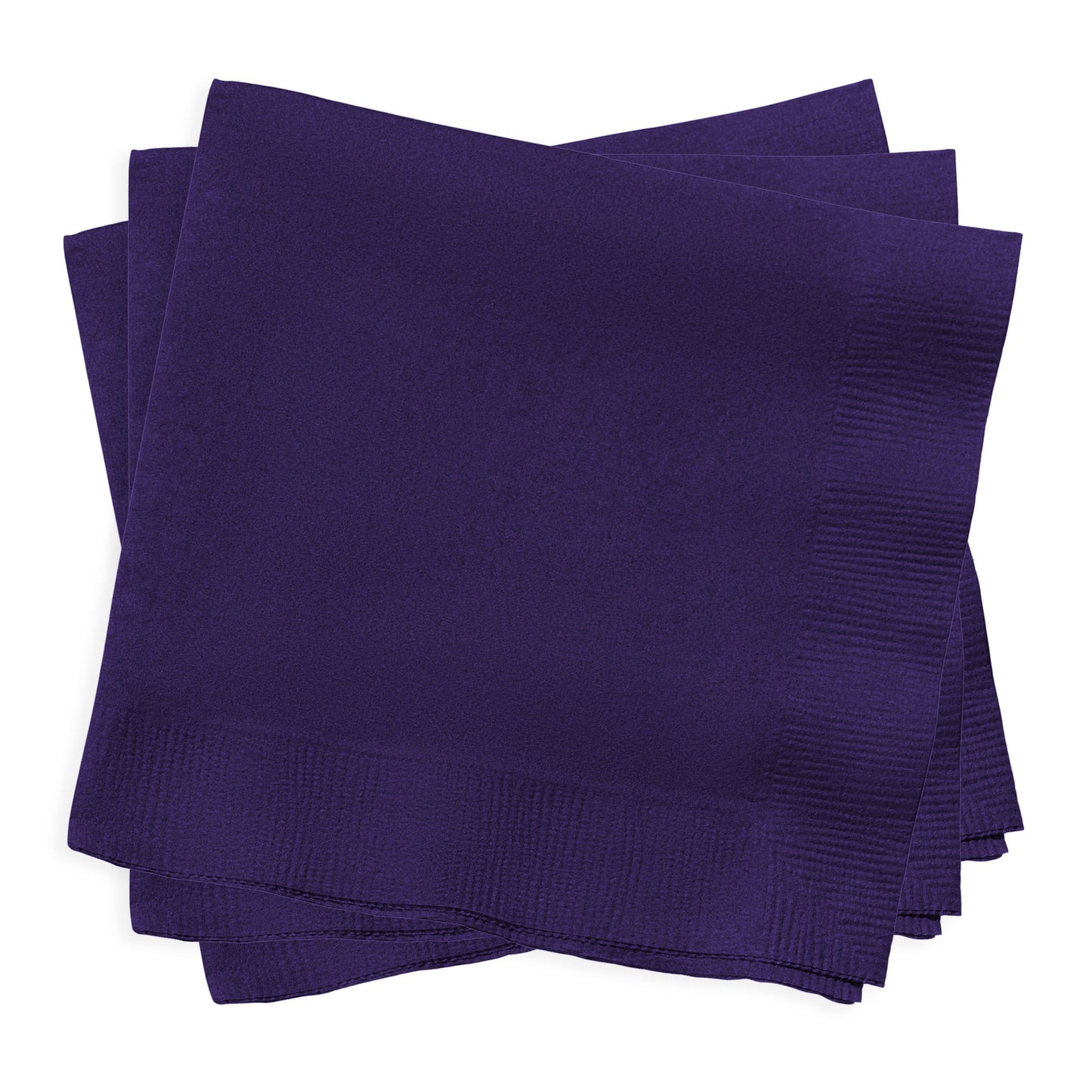 Disposable purple cocktail napkin made from absorbent paper, 10 x 10 inches, packaged in a 600-count bulk case.