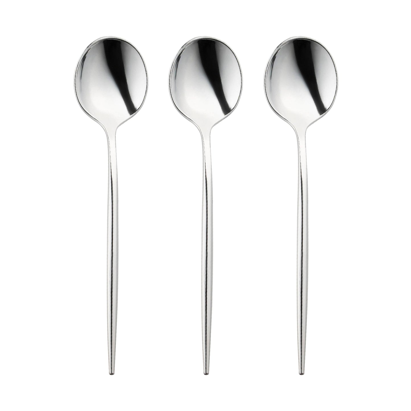 Disposable shiny silver Moderno plastic dessert spoons, 7 inches, sturdy yet single-use, great for easy cleanup at events