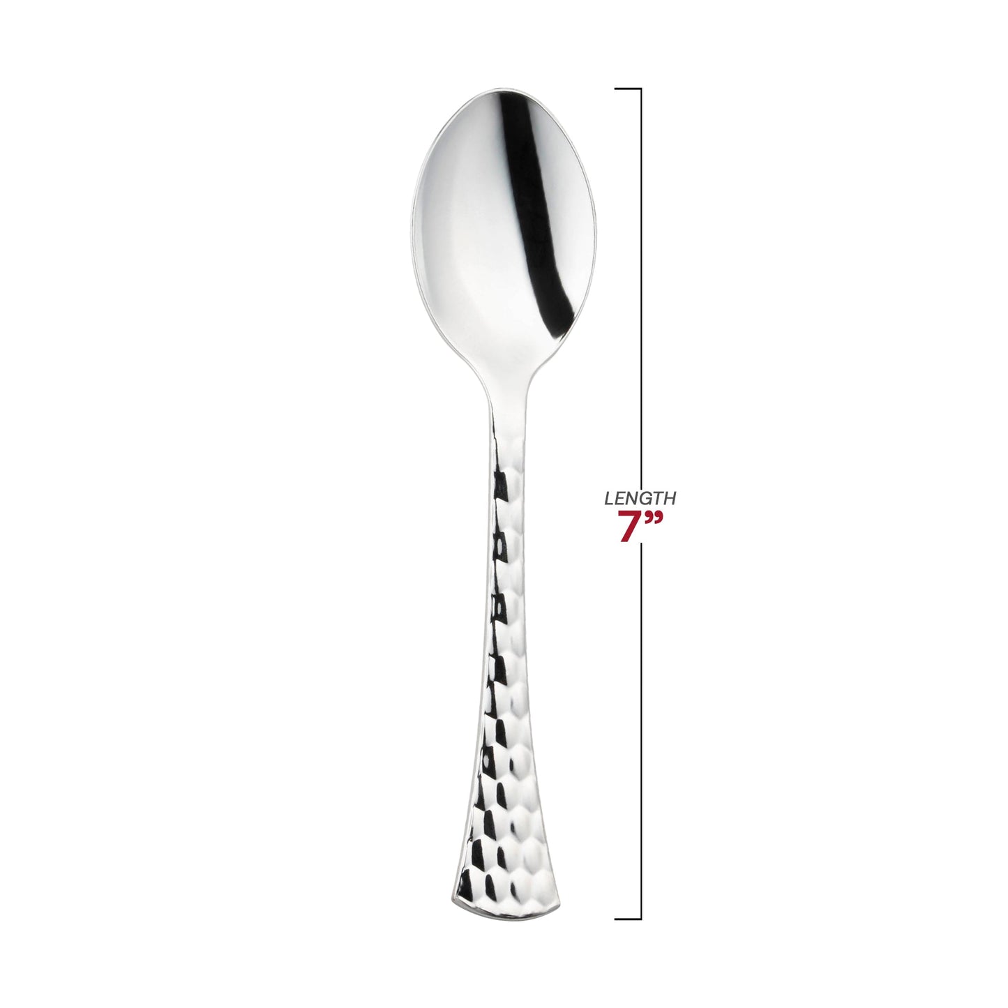 Disposable shiny silver plastic spoons, 7 inches long, offering a luxurious look with the convenience of single-use