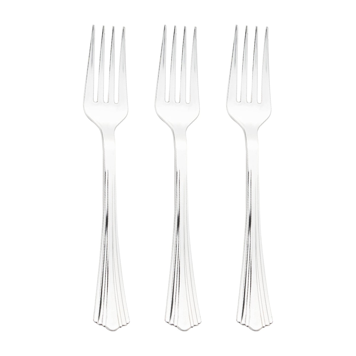 Disposable silver plastic forks with a reflective metallic finish and stylish grooves, 6.75 inches, bulk pack of 600