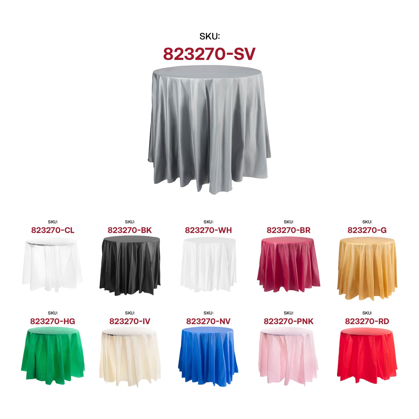 Disposable silver round plastic tablecloths, 84 inches wide, perfect for easy cleanup at events, sold in a 96-pack.