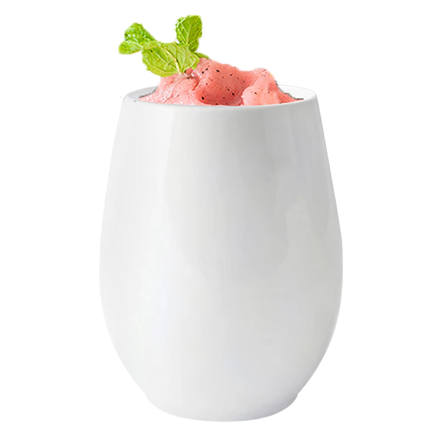 Disposable solid white stemless plastic wine glasses, 12 oz capacity, sturdy yet lightweight