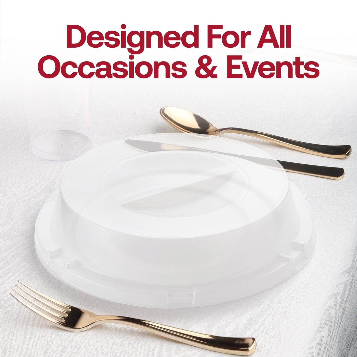 Disposable white plastic buffet plates paired with clear dome lids, ideal for buffets and parties