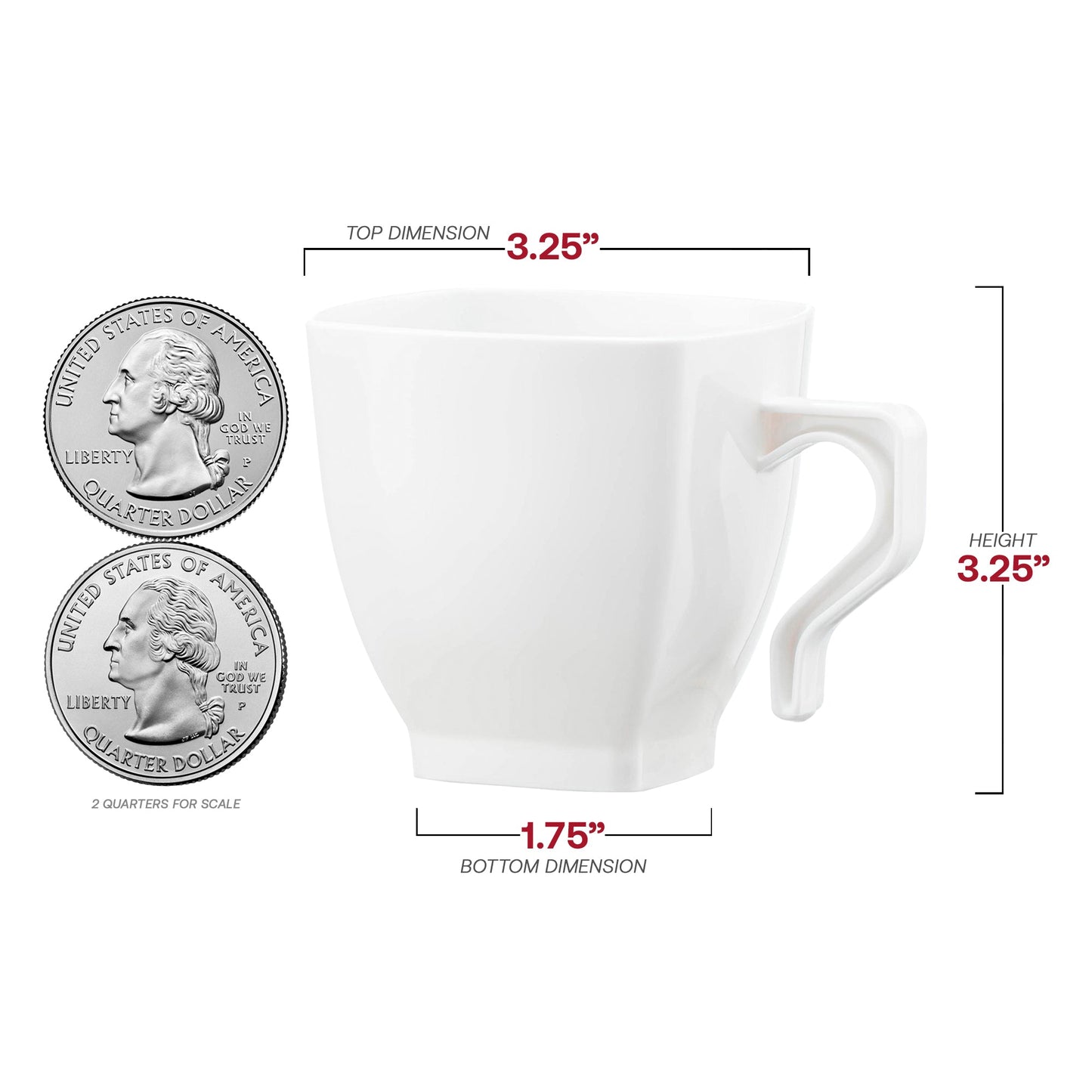 Disposable white plastic coffee mugs, 8 oz.,3.25" x 3.25", lightweight yet sturdy, designed for easy cleanup at parties, offices, and events