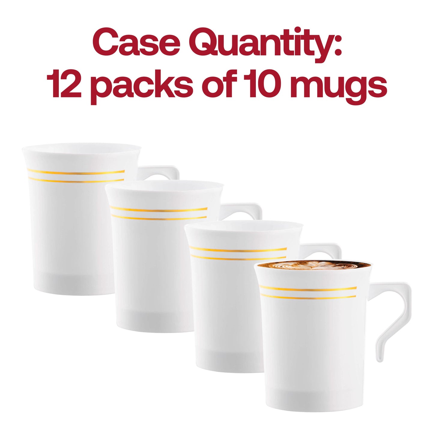 Disposable white plastic coffee mugs with a gold edge rim, 8 oz capacity, sturdy yet lightweight, in a convenient pack of 120
