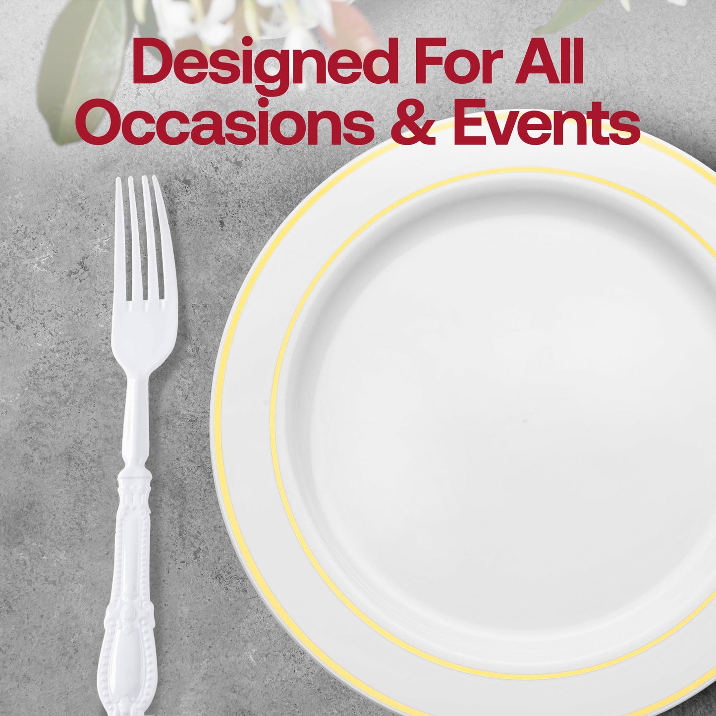 Disposable white plastic dinner forks with Baroque design, perfect for convenient cleanup at events