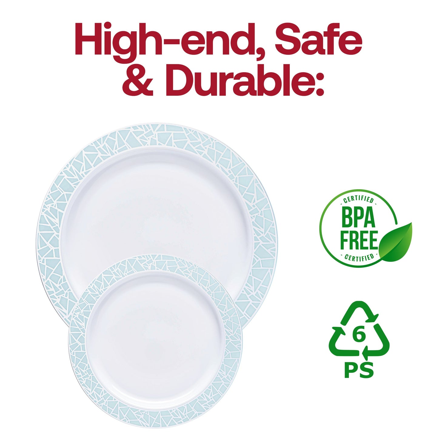 Disposable white plastic plates with a turquoise blue and silver mosaic rim, round design for appetizers and salads, 7.5-inch size, BPA-free