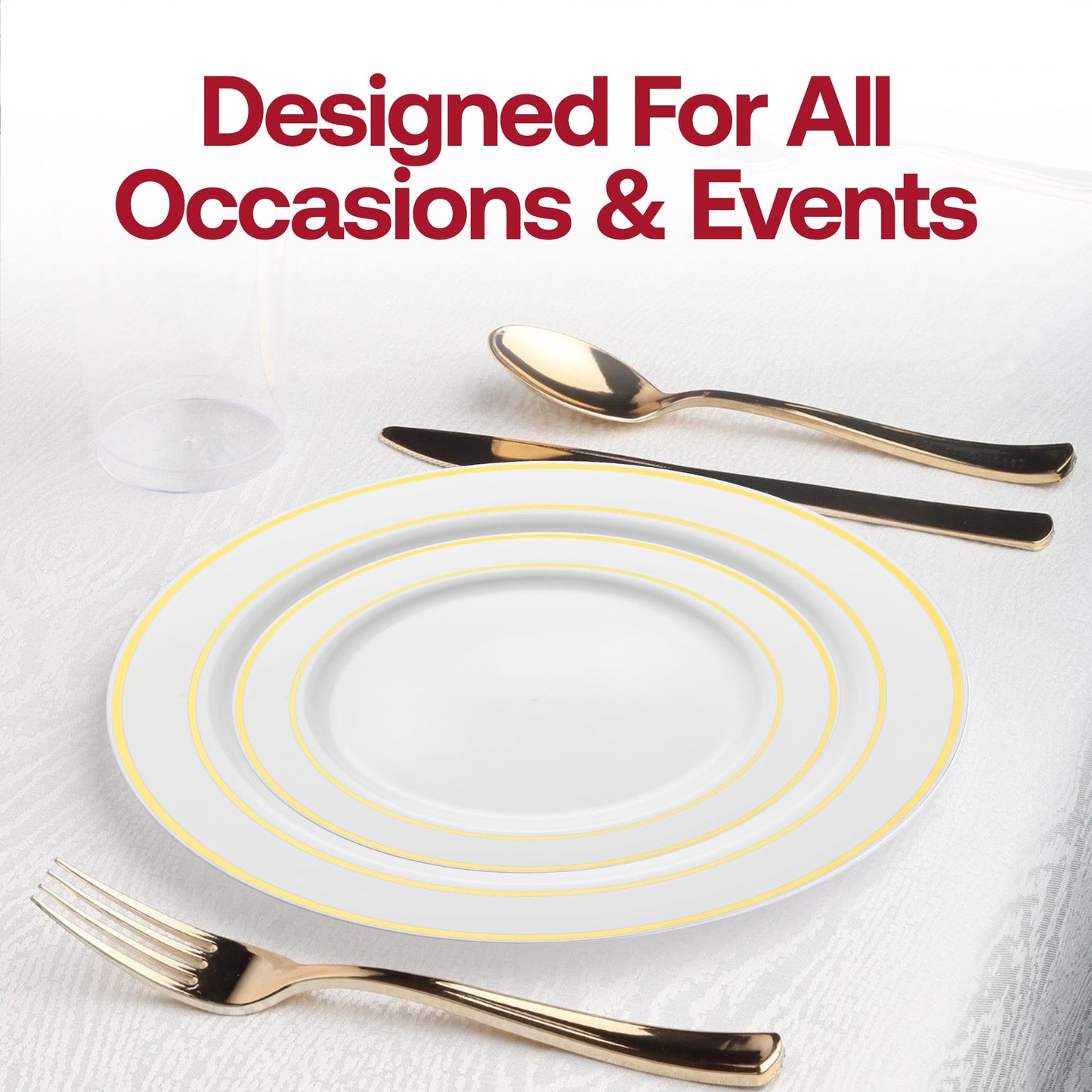 Disposable white plastic plates with gold edge detailing, 120-pack ideal for appetizers or formal gatherings