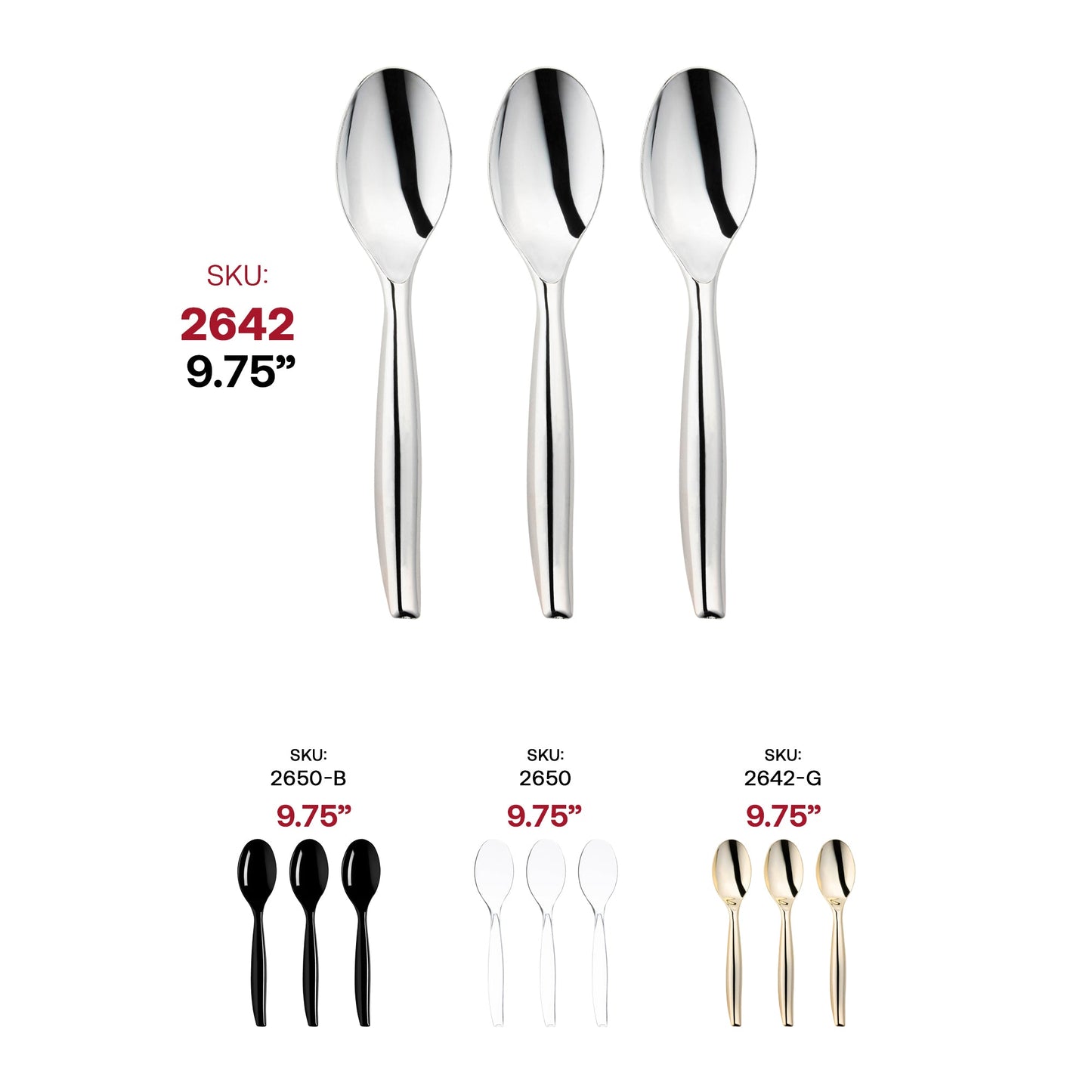 Durable and disposable 9.75-inch silver plastic serving spoons for convenient food service