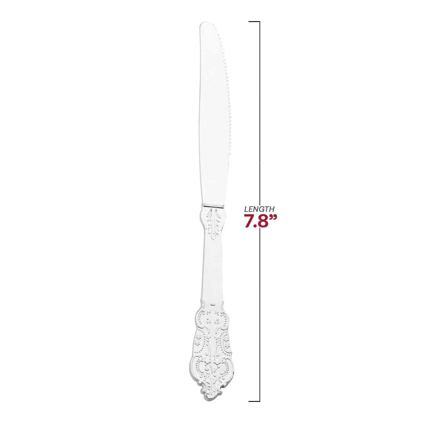 Durable and disposable Baroque silver plastic knives, 7.8 inches, case of 600, great for convenient yet stylish dining.