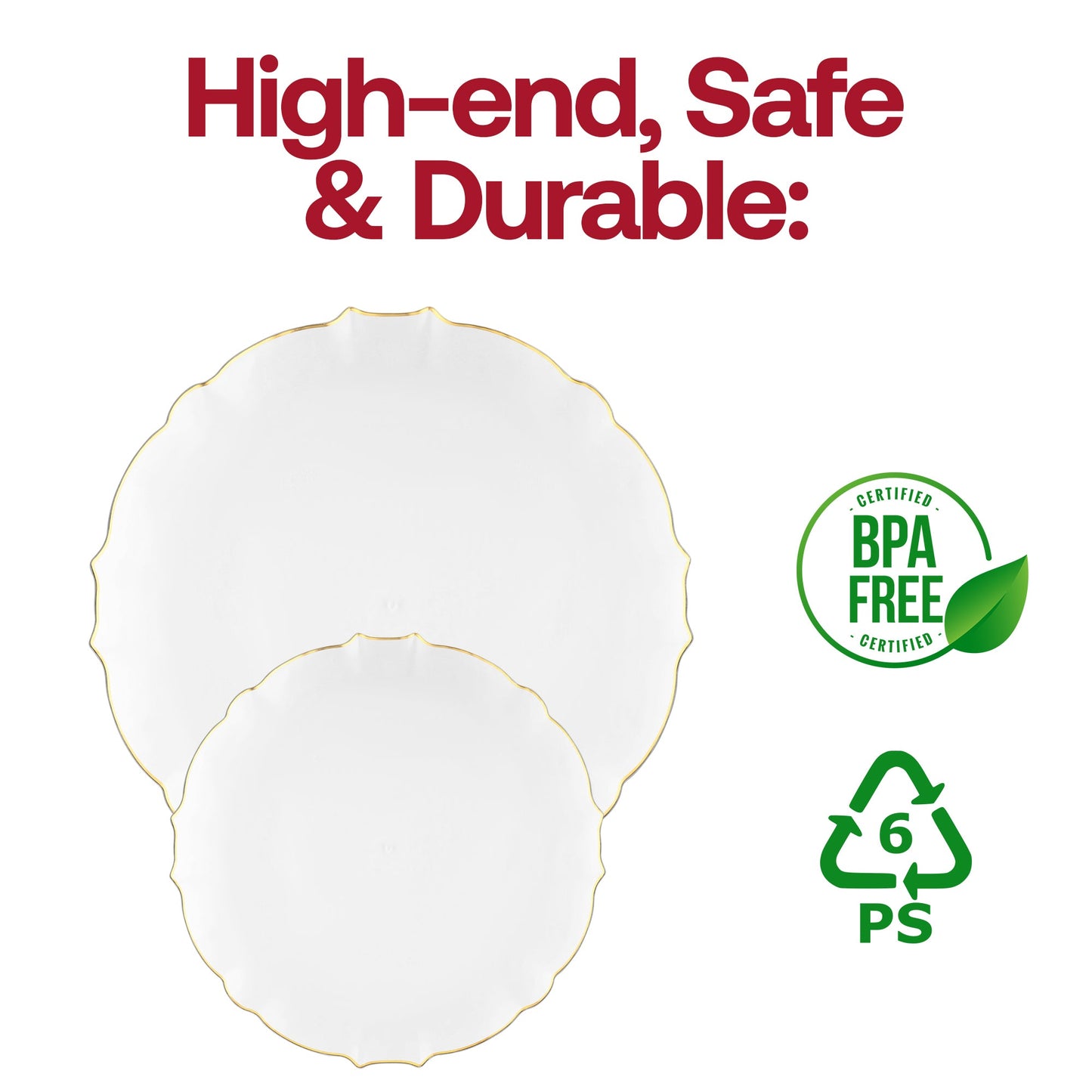 Durable clear appetizer plates featuring a decorative gold lotus rim, 7.5-inch round shape, disposable, BPA-free