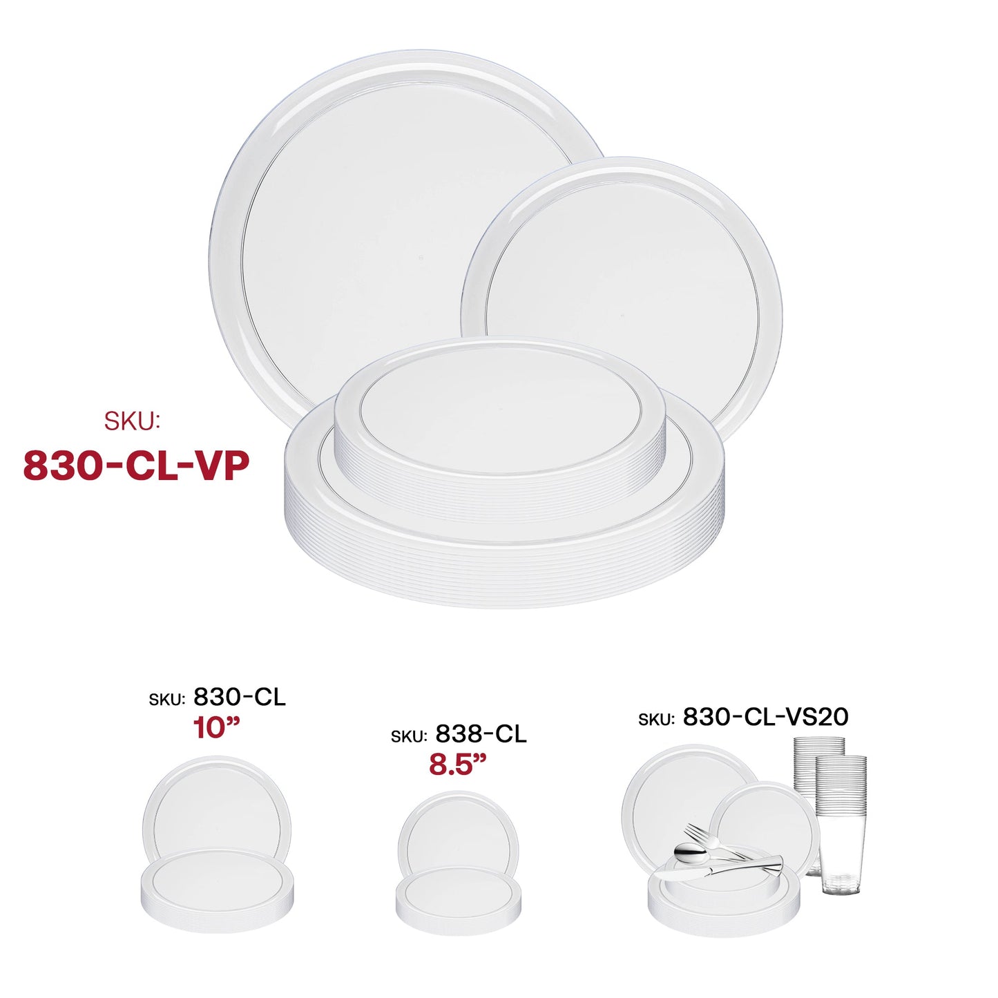 Durable clear plastic dinnerware set with 120 dinner plates and 120 salad plates, practical for parties and casual dining