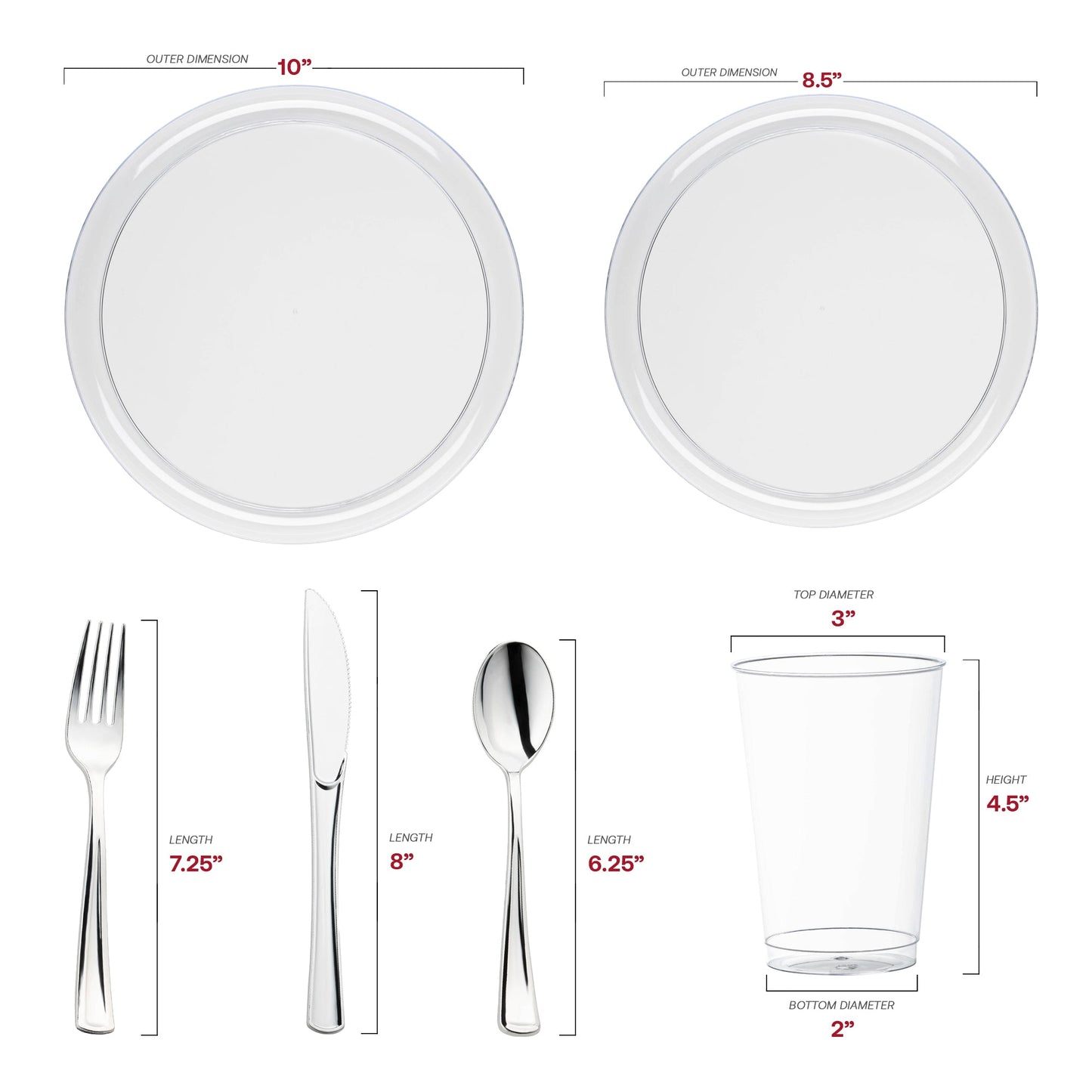 Durable clear plastic event set with flat round plates and cups, designed for effortless elegance at any party, 20, 60 and 120 Settings