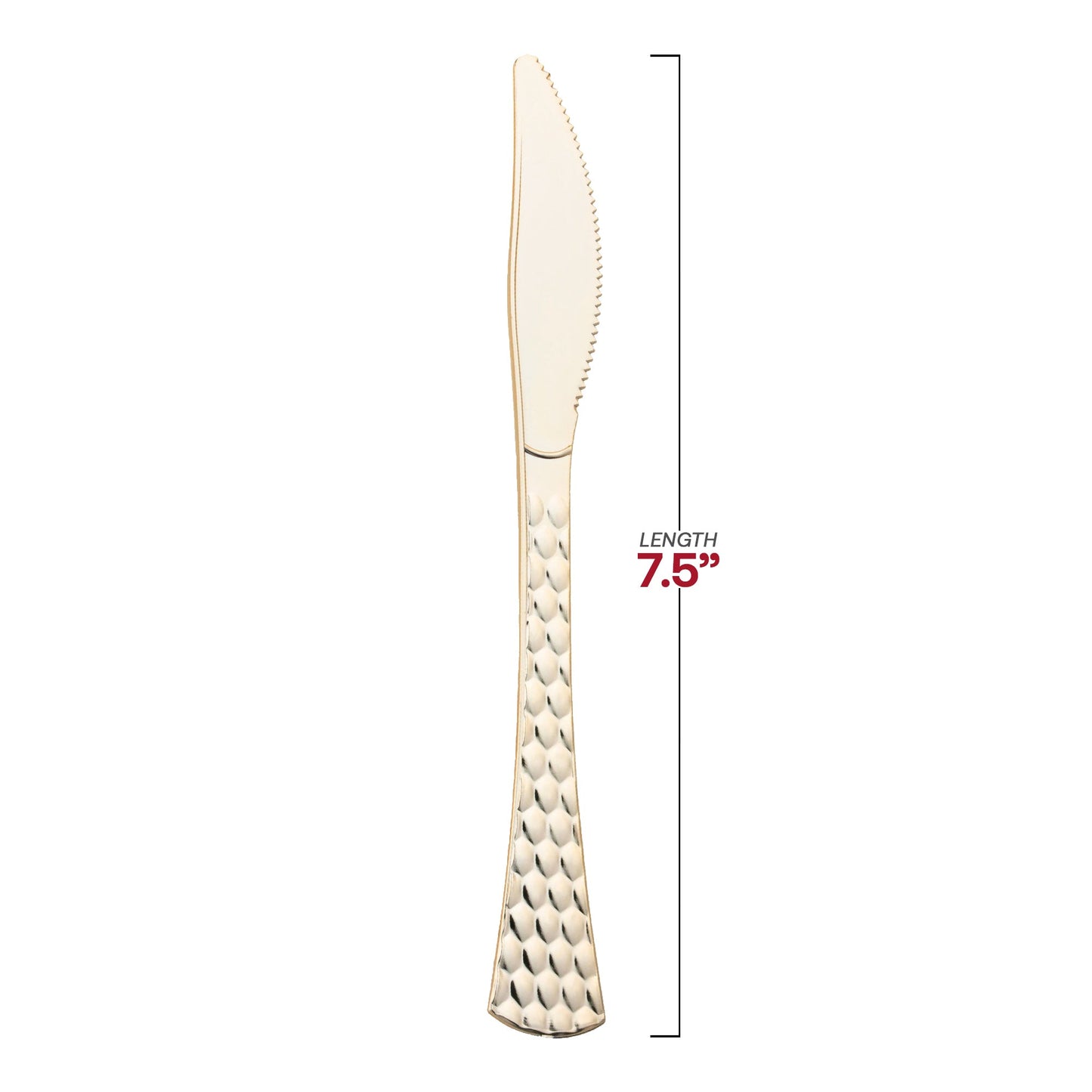 Durable disposable gold plastic knives, 7.5 inches, with a smooth finish; perfect for weddings and partie