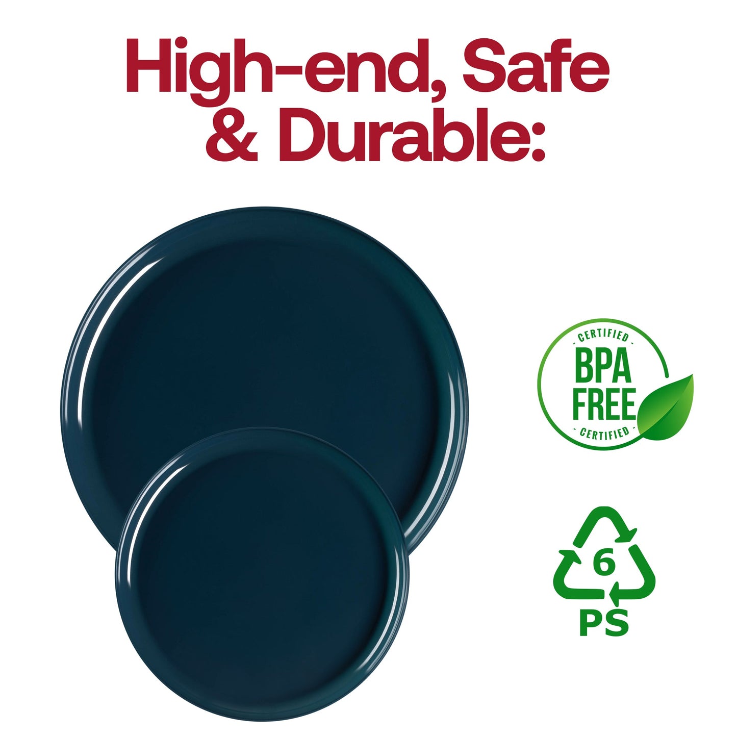 Durable navy blue flat round plates, 8.5-inch diameter, disposable and made of sturdy plastic, BPA-free