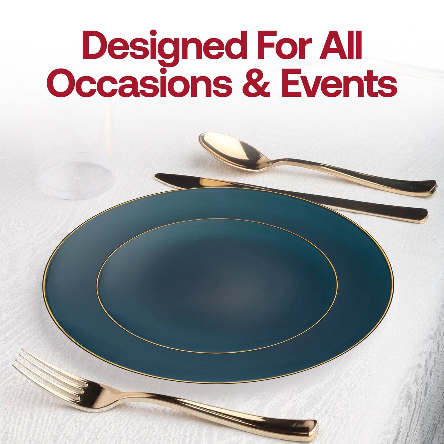 Durable navy plastic appetizer plates with a decorative gold rim, organic round shape, 7.5-inch diameter, sold as a set of 120