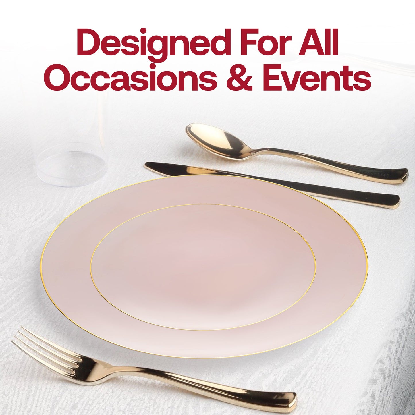 Durable pink plastic appetizer plates with a decorative gold rim, organic round shape, 7.5-inch diameter, sold as a set of 120