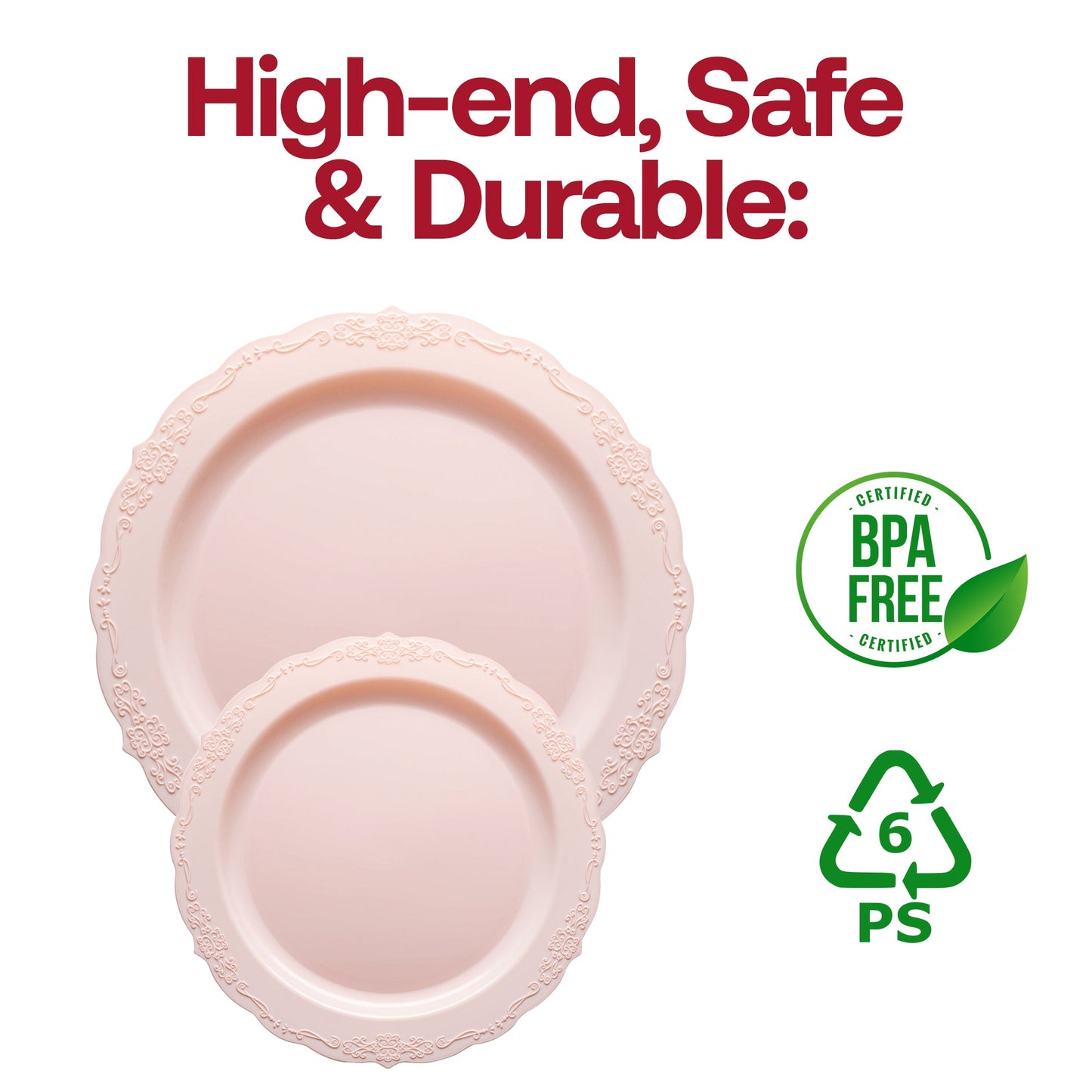Durable pink plastic salad plates with a round shape and intricate vintage detailing, 7.5-inch diameter, BPA-free