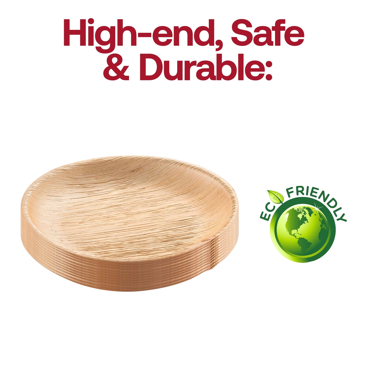 Durable round salad plates crafted from natural palm leaf, 8-inch diameter, disposable and BPA-free