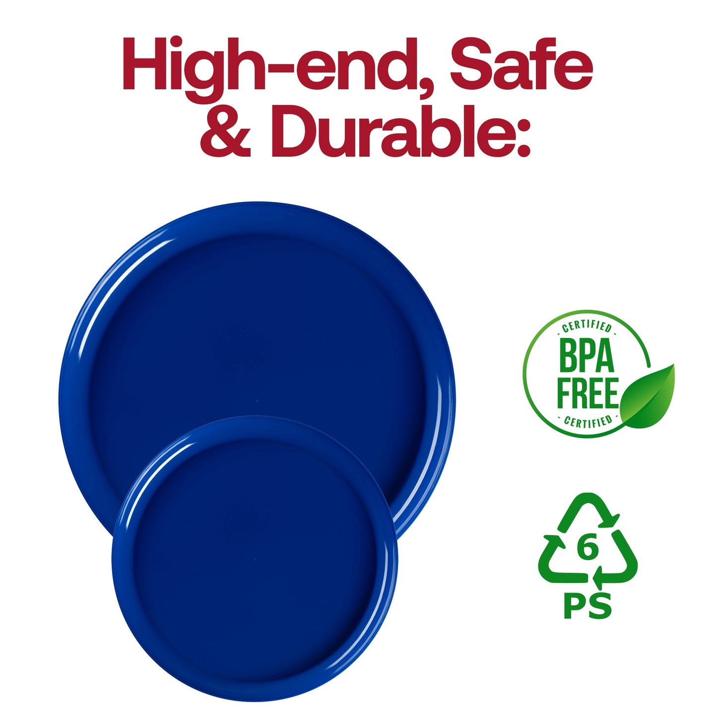 Durable solid blue flat dinner plates made of disposable plastic, 10 inches in diameter, BPA-free