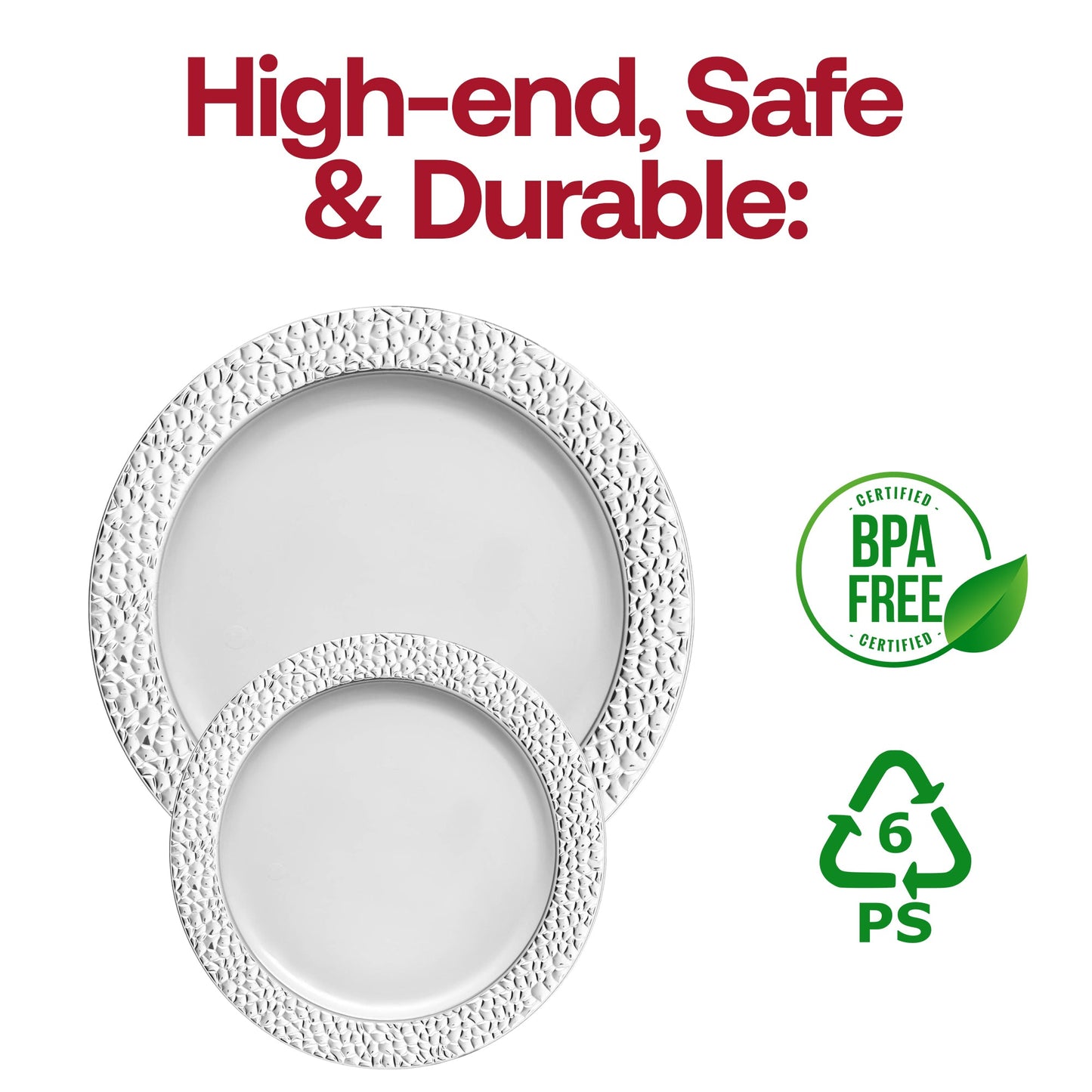 Durable white appetizer plates featuring a silver hammered rim, round shape, 7.5-inch diameter, disposable, BPA-free