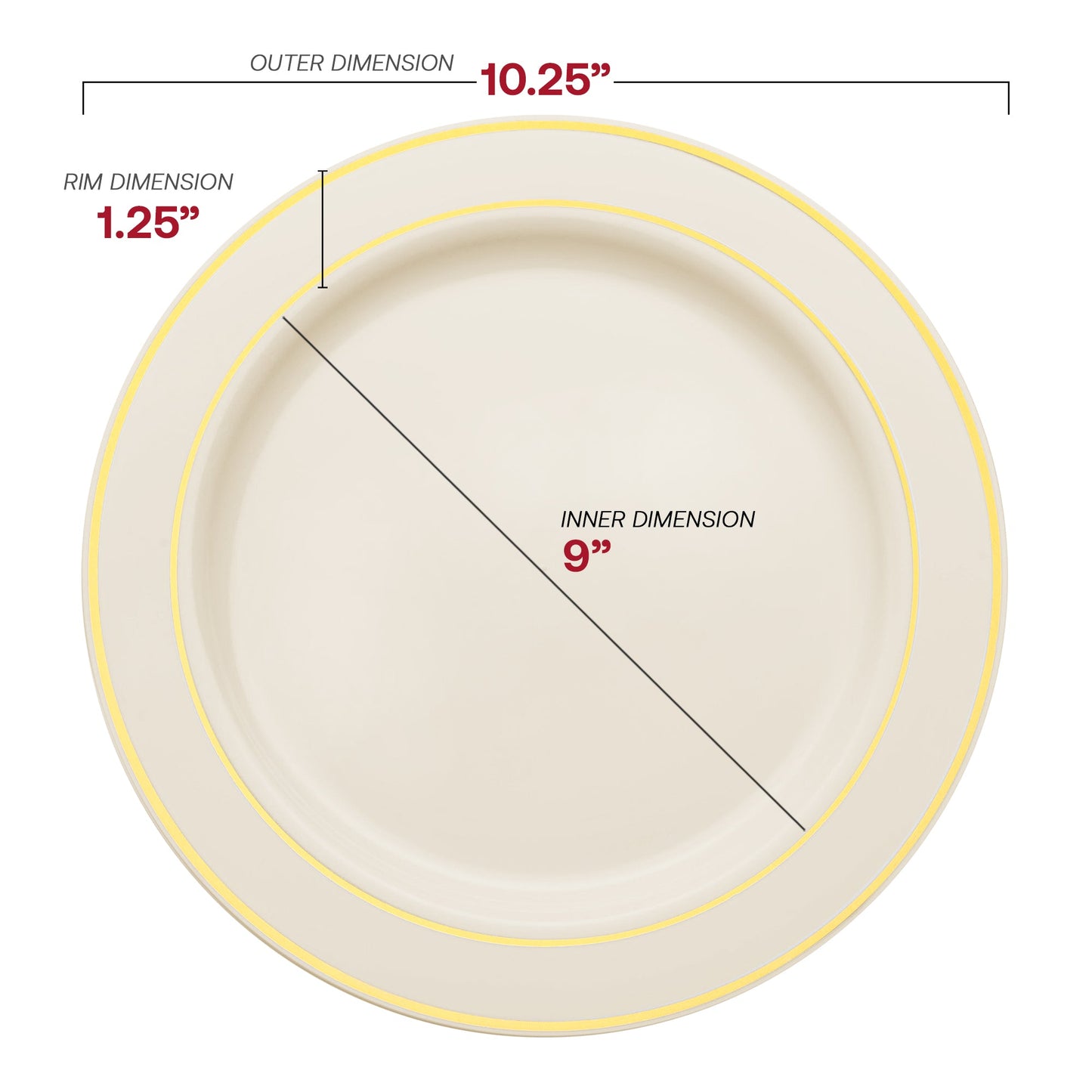 Durable white plastic plates with silver trim, combining style and convenience for special occasions.
