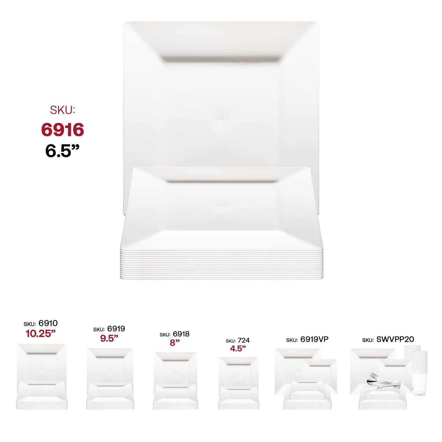 Durable white square plastic cake plates with a smooth finish, 6.5-inch size, perfect for desserts and cakes