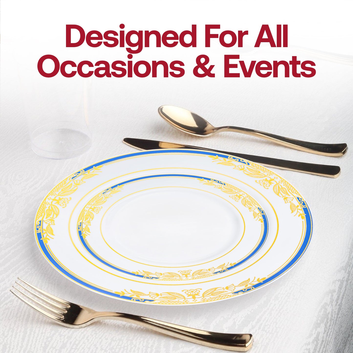Elegant 10.25-inch white dinner plates with blue and gold harmony rim, made of durable disposable plastic, ideal for gatherings