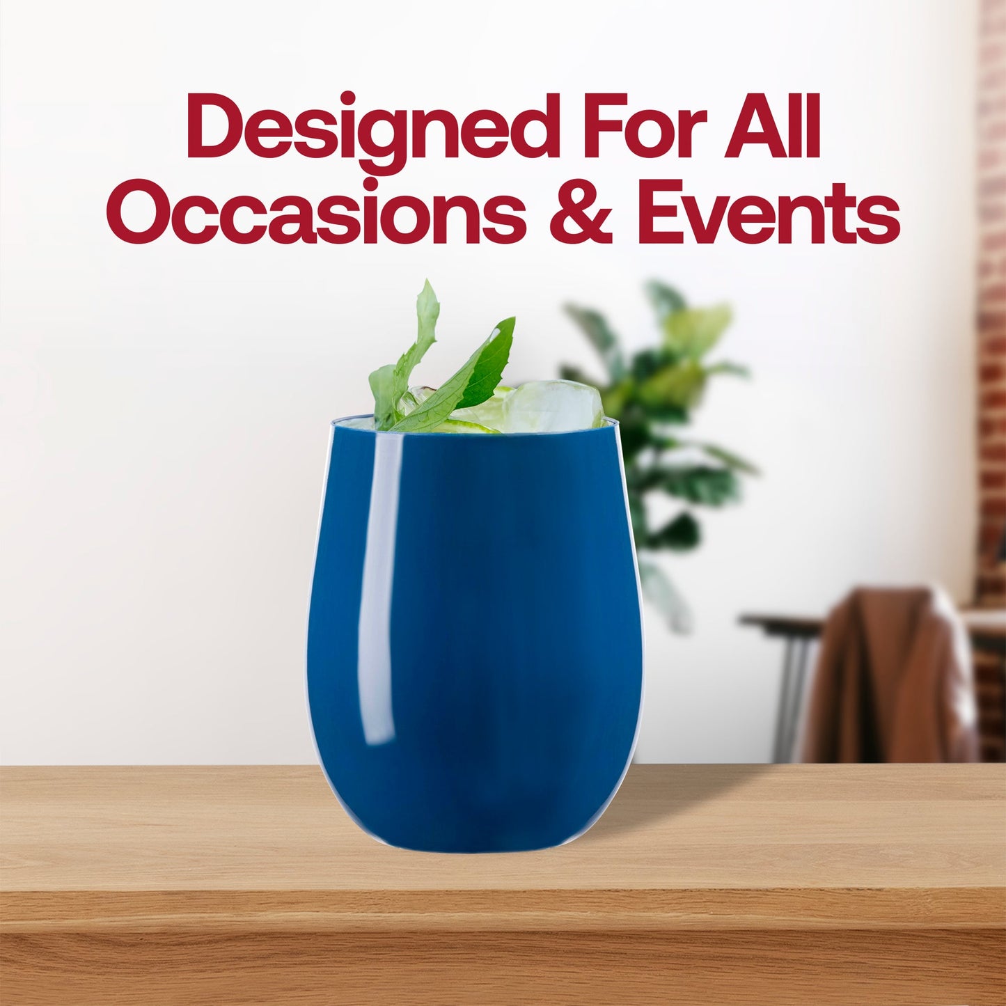 Elegant 12 oz solid navy plastic stemless wine glasses, great for adding a touch of sophistication to weddings and formal events