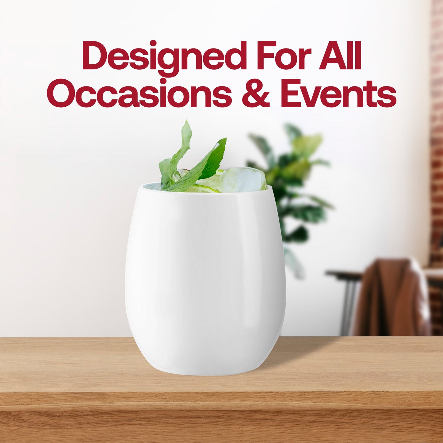 Elegant 12 oz solid white stemless plastic wine glasses, ideal for weddings, receptions, and stylish gatherings, 64-pack