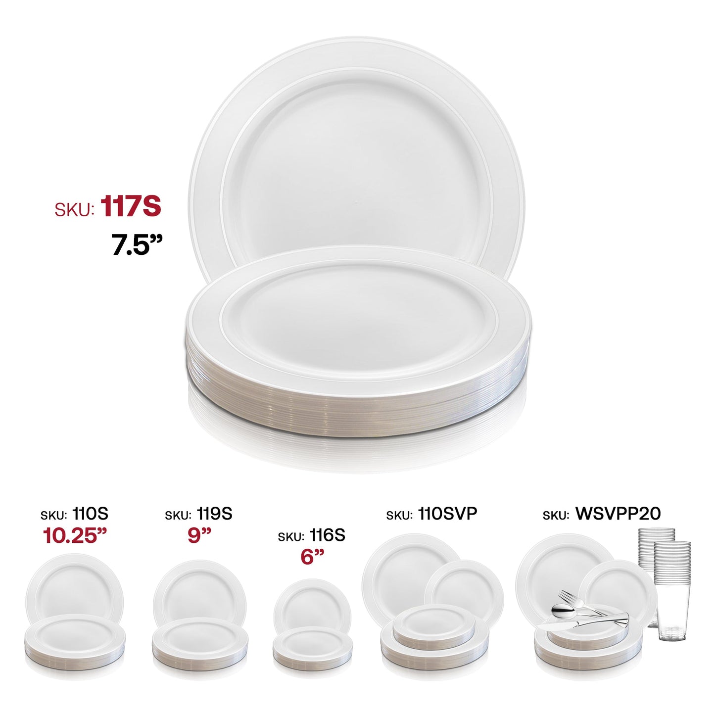 Elegant 7.5-inch round appetizer plates, white with silver rim, sturdy plastic