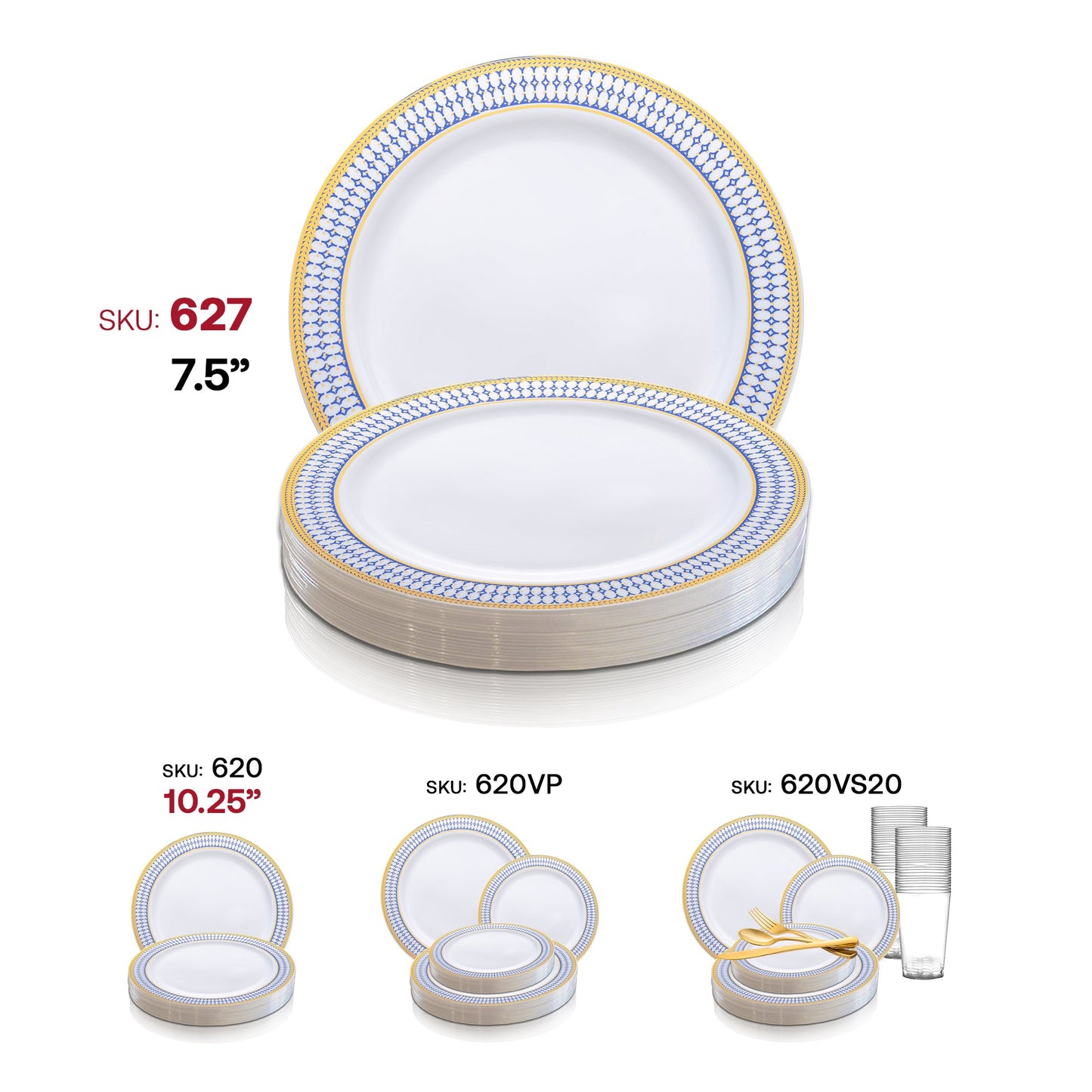 Elegant 7.5-inch white appetizer plates with a blue and gold decorative rim, disposable plastic, 120-count pack