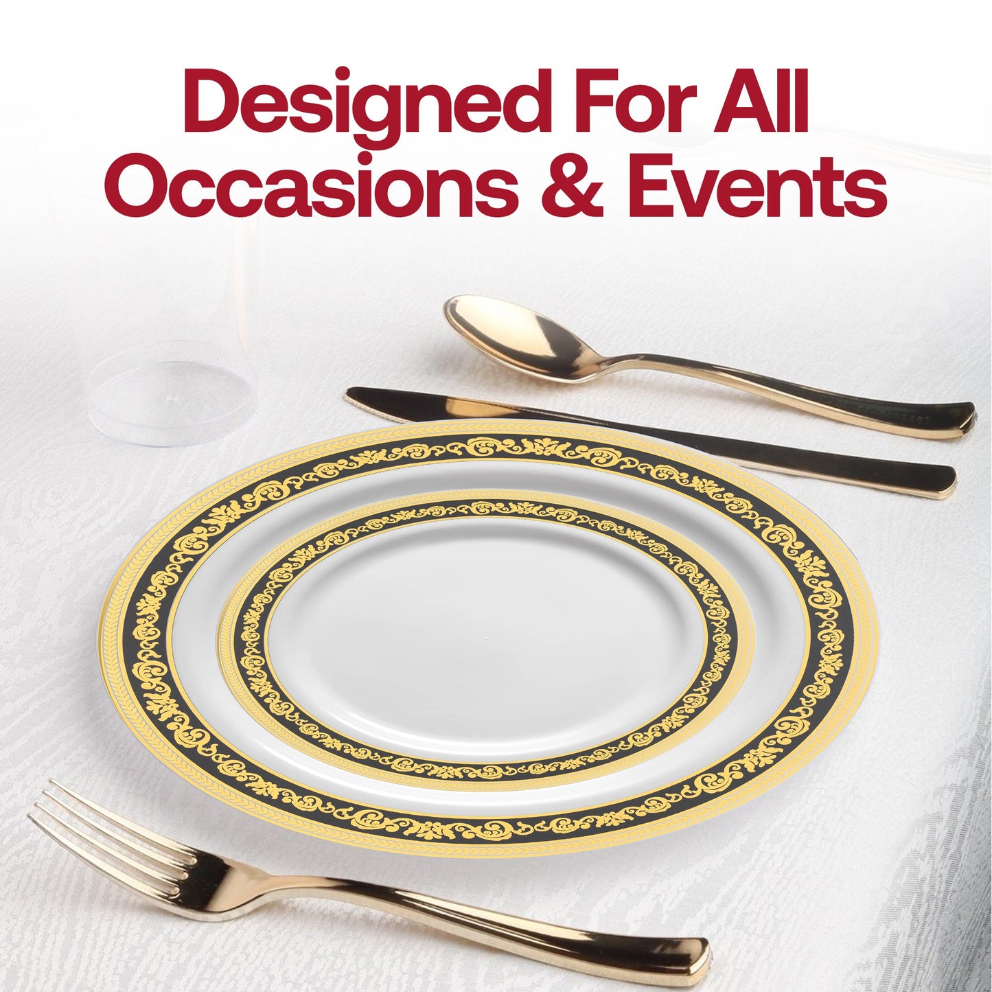 Elegant 7.5-inch white salad plates featuring a black and gold decorative royal rim