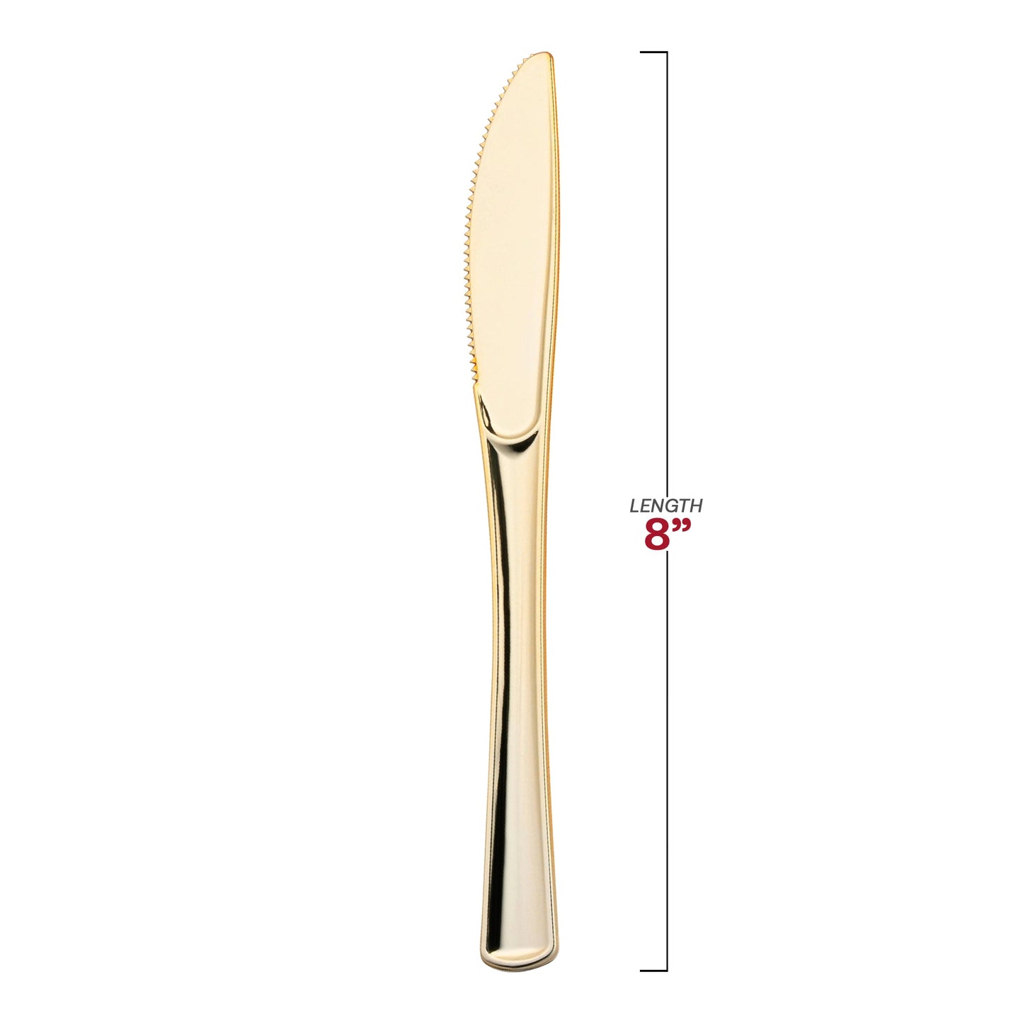 Elegant 8-inch metallic gold plastic knives, adding a refined touch to formal table settings and catered events