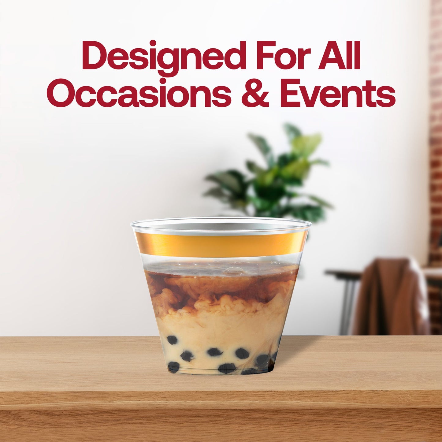 Elegant 9 oz clear plastic cups with a metallic gold rim, perfect for formal events, receptions, and stylish entertaining