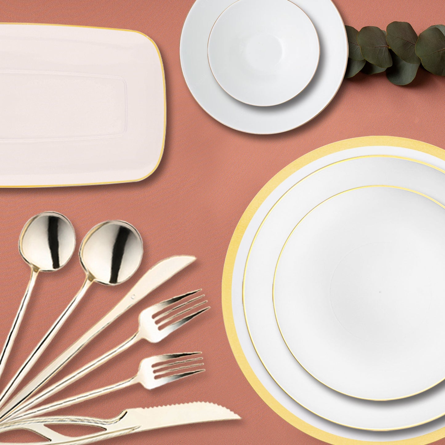 Elegant White with Gold Moonlight Round Disposable Dinnerware Set displayed on a formal wedding table with ivory linens and candles