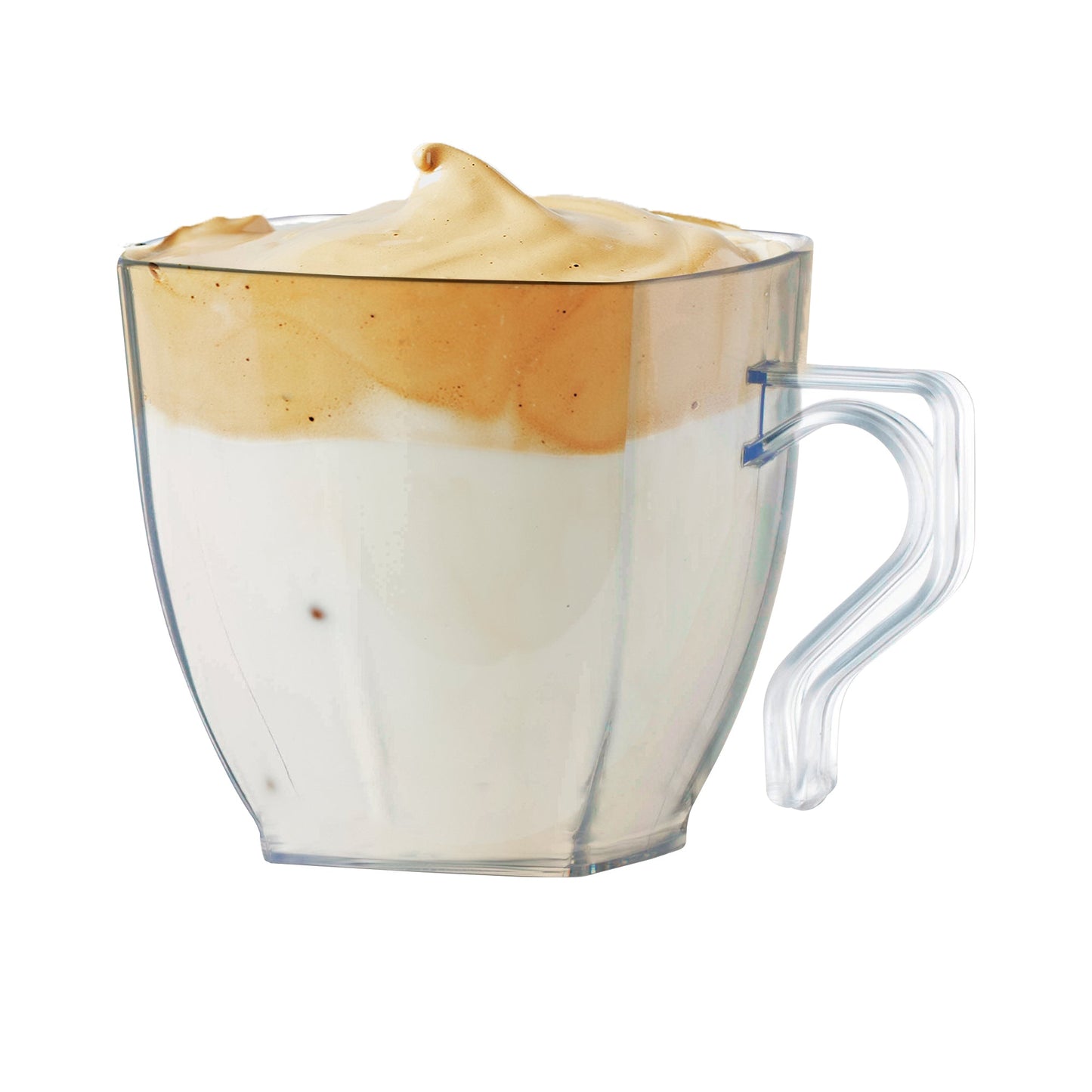 Elegant and fancy clear plastic coffee mugs with a stylish square shape, 8 oz capacity, and a sturdy handle, sold in a bulk pack of 192