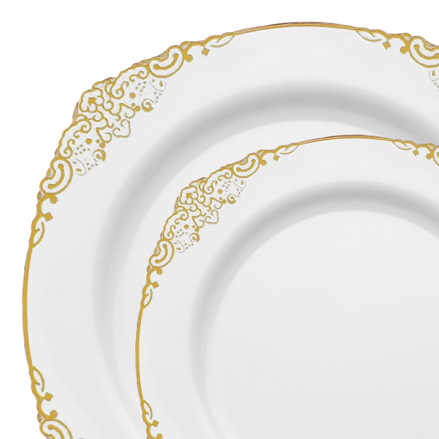 Elegant and timeless, the White with Gold Fancy Round Dinnerware Set adds charm to weddings and special occasions