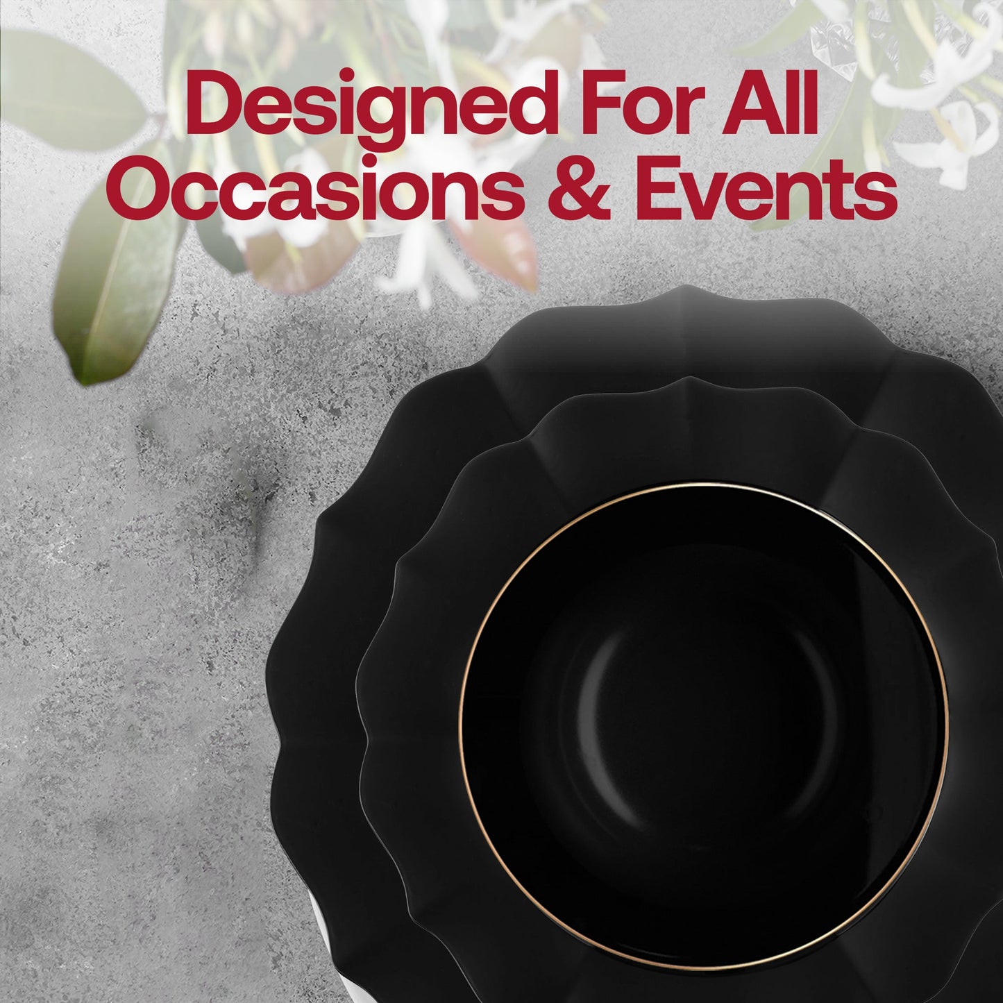 Elegant arrangement of Black Round Lotus tableware set, emphasizing ideal portion sizes and quantities