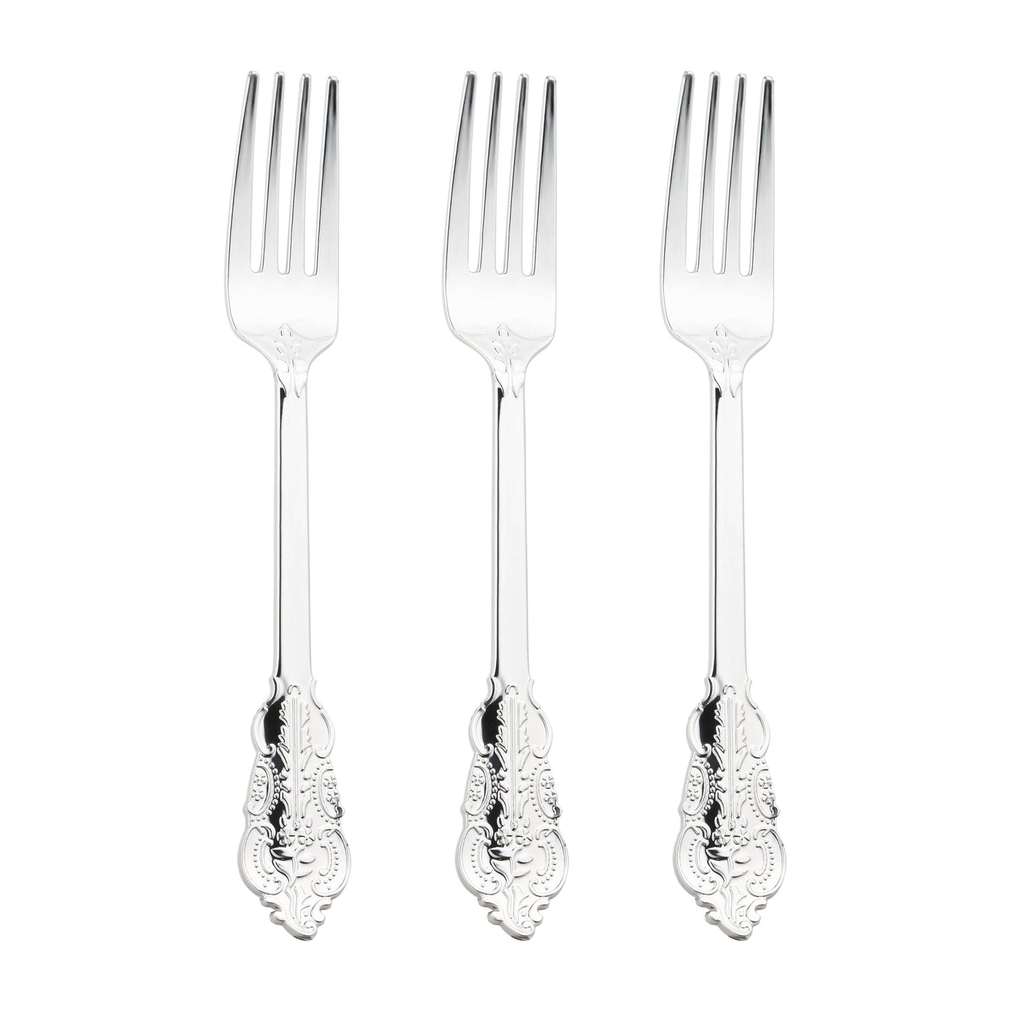 Elegant baroque silver plastic forks, 7.4-inch, 600-pack – Stylish disposable forks featuring a detailed baroque design and a polished silver look.