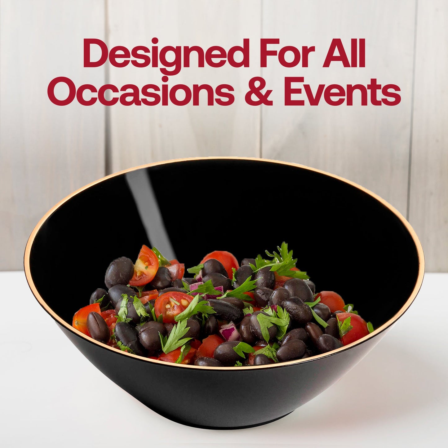 Elegant black and gold rim dessert bowls, 6 oz capacity, round and disposable, perfect for weddings, parties, or special occasions