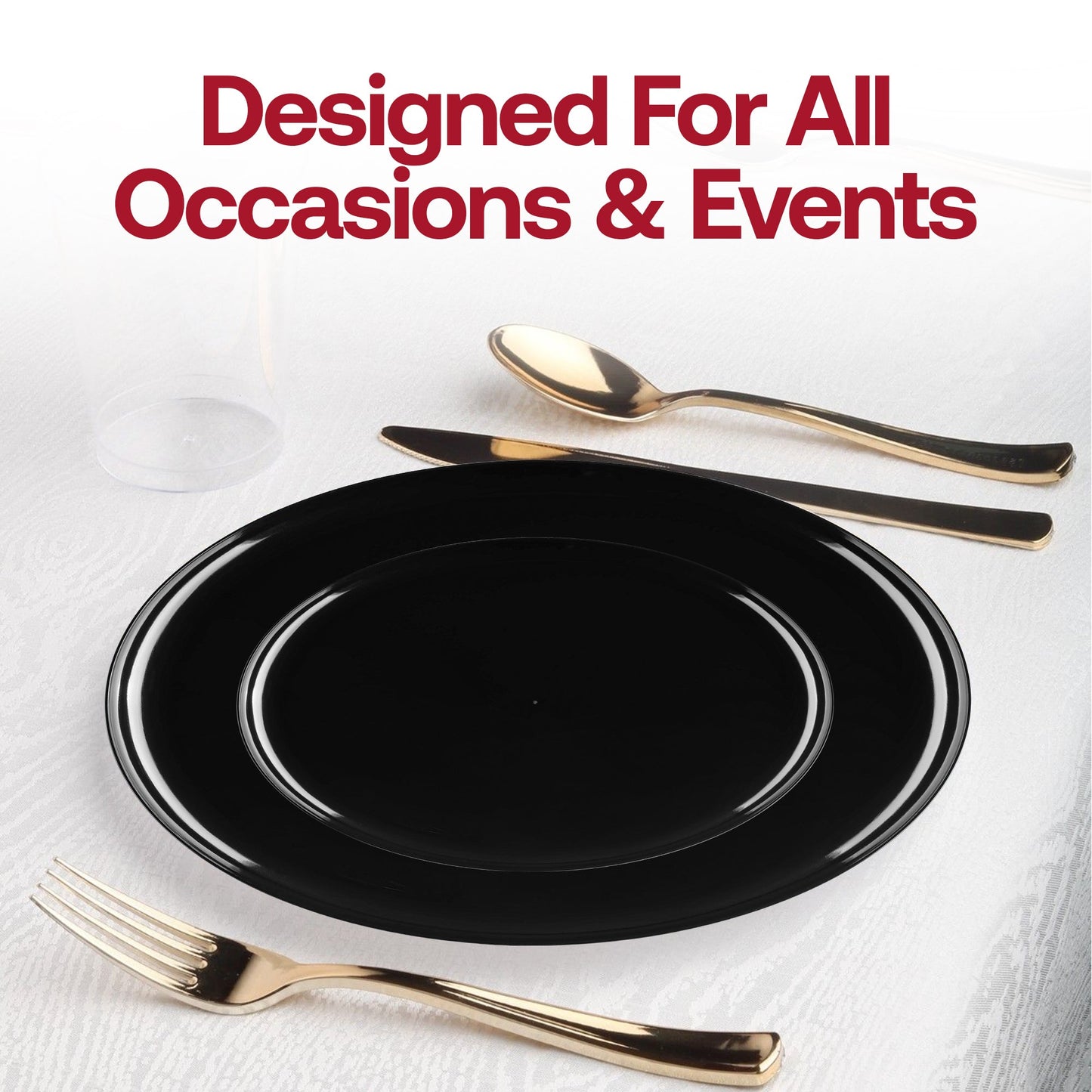 Elegant black round plastic dinner plates, 10-inch size, lightweight and disposable, sold in a 120-pack