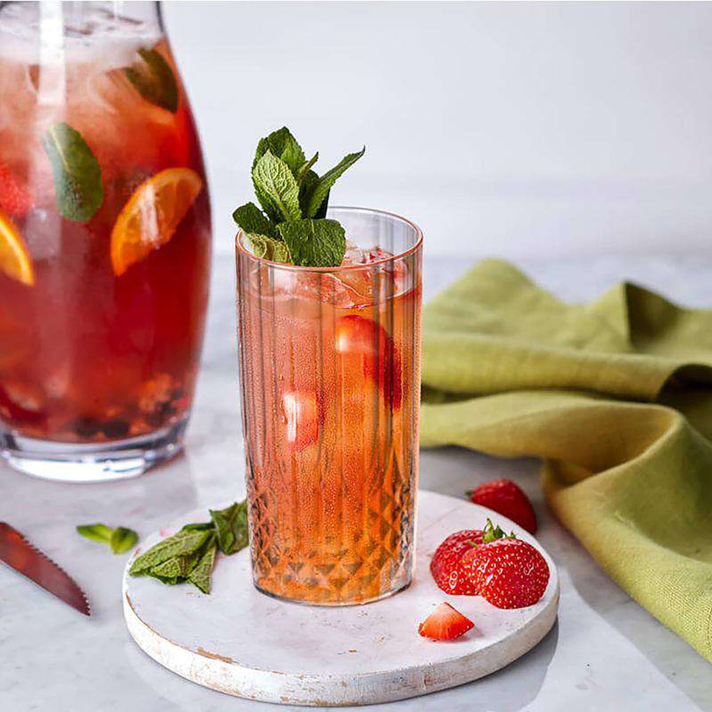 Elegant clear crystal-cut plastic high ball glasses, 14-ounce size, 3x6 inches, perfect for events, sold in a 48-piece set