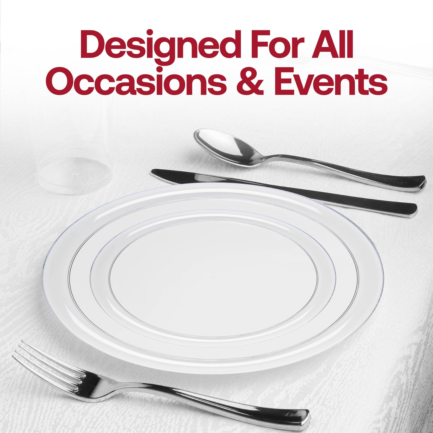 Elegant clear plastic dinnerware set with round flat plates and matching cups, ideal for weddings and upscale events
