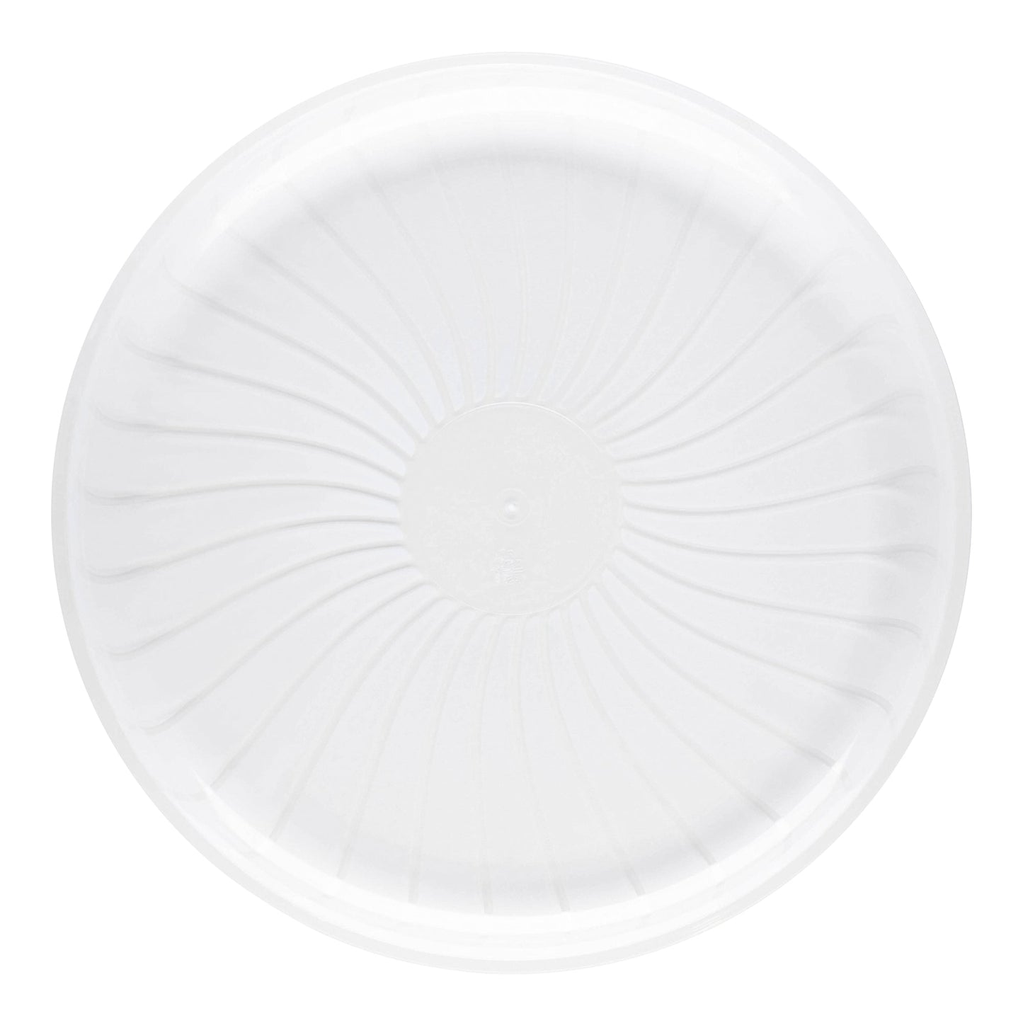 Elegant clear round pavilion tray made of disposable plastic, ideal for serving appetizers or desserts