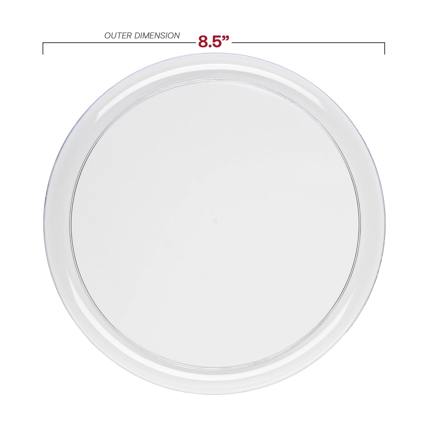 Elegant clear round plastic dinnerware set, featuring 10-inch dinner plates and 8.5-inch salad plates, ideal for upscale events